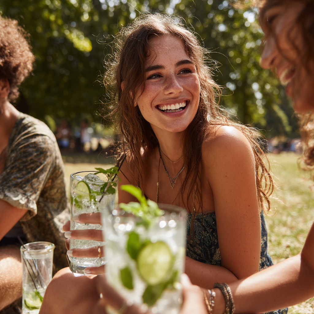 Young woman smiling and holding a drink with mint leaves and cucumber, sitting outdoors with friends on a sunny day.