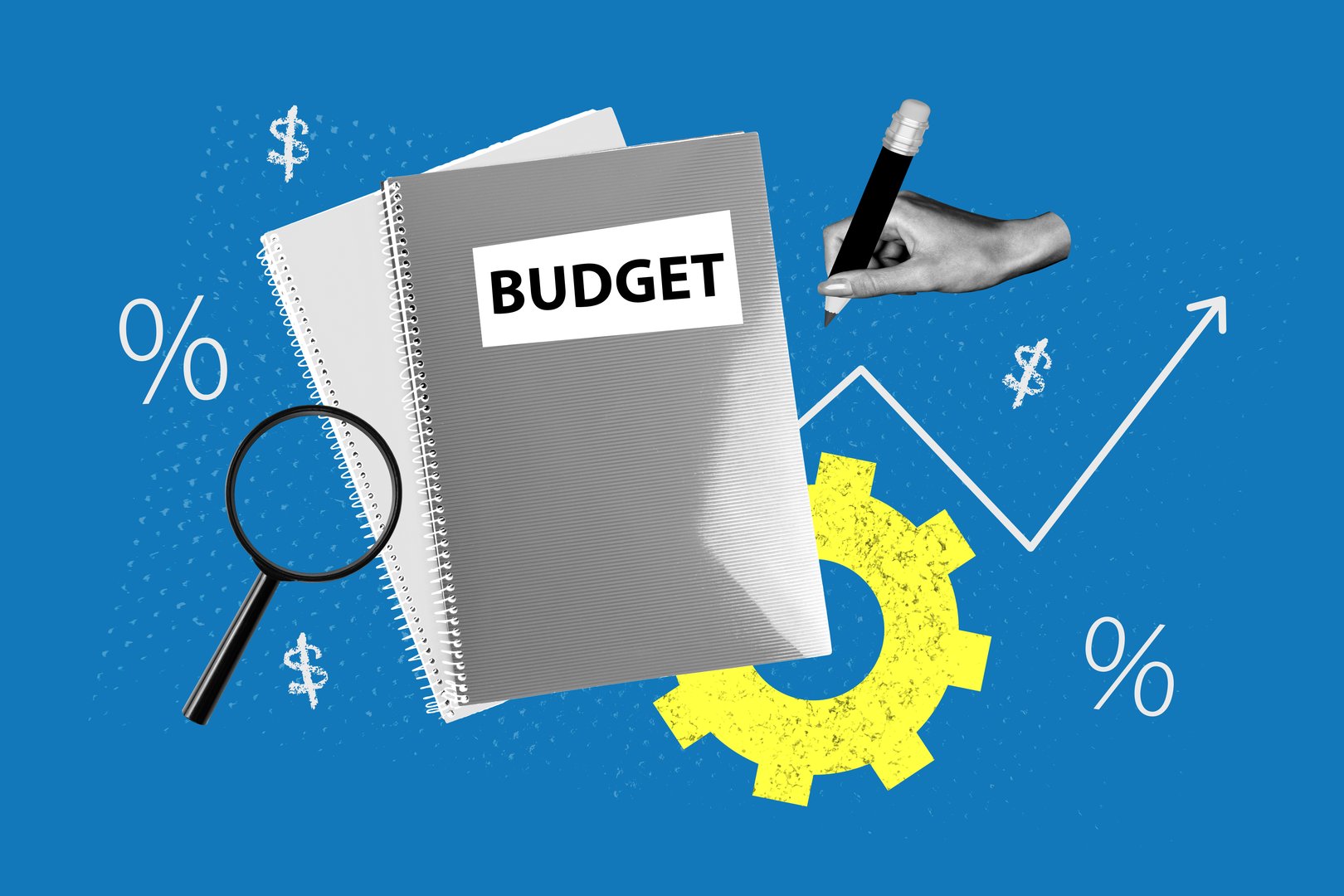 Creative art sketch photo collage of business hand draw pencil doodle arrow dollar capital notepad budget gearwheel magnifier.