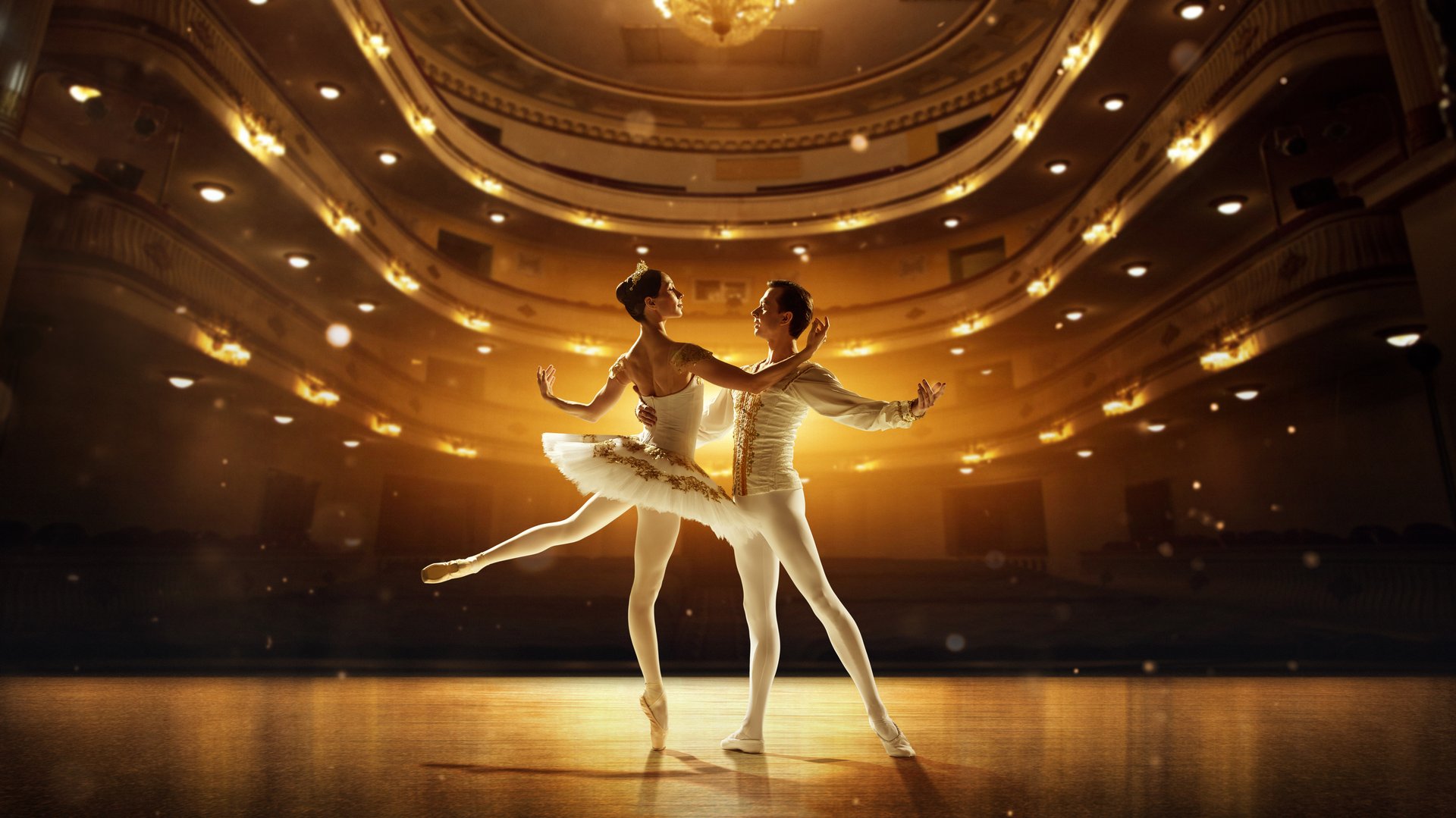 Handmade collage. Graceful ballerina held by partner in fluid motion, golden 3d rendering stage lights enhancing silhouettes. Concept of classical dance, art and grace, beauty, choreography with refined technique.