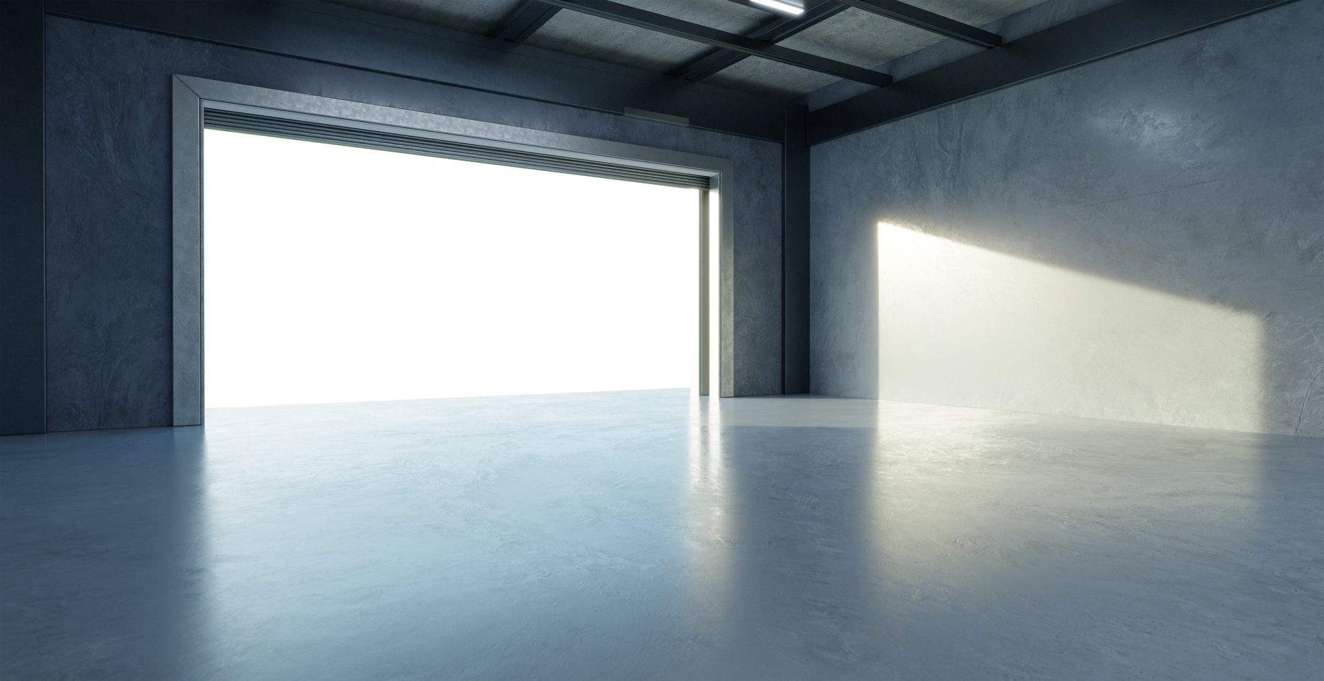 Sunlight illuminates empty concrete garage interior with open roller door. 3D rendering