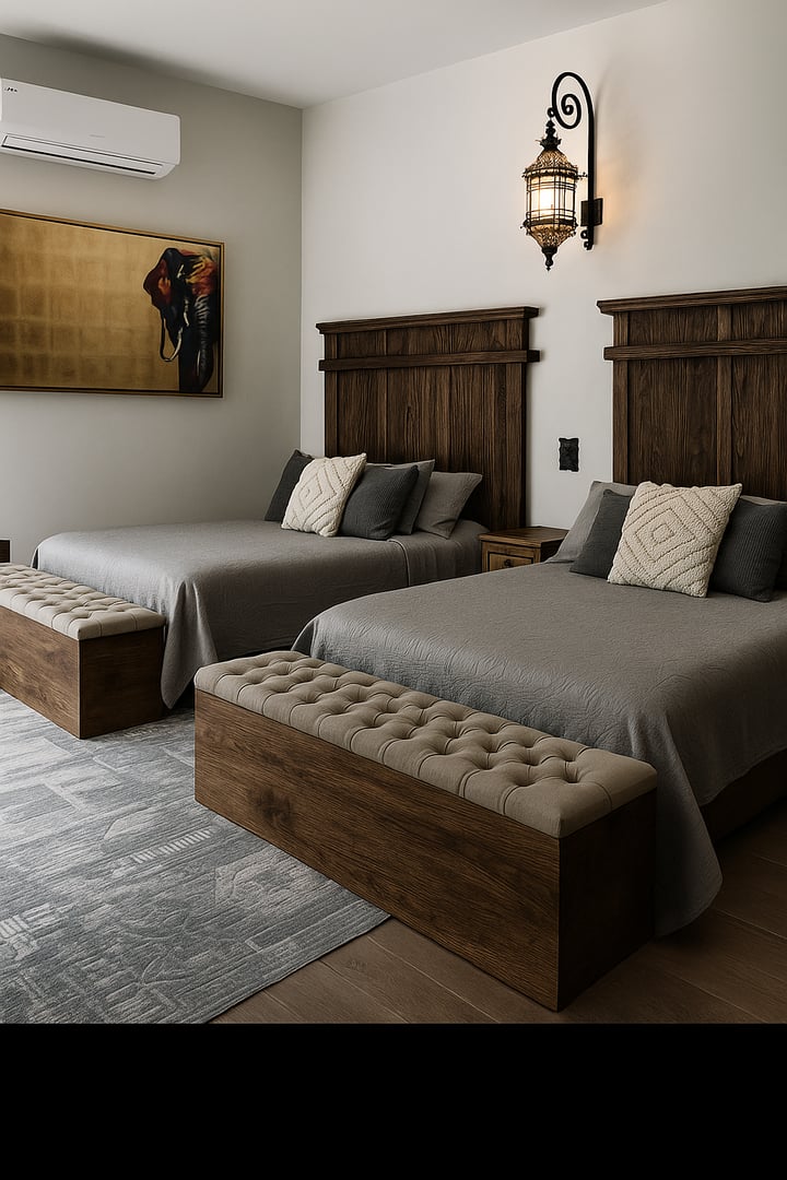 Recámara rústica en madera maciza con cabecera de tablones verticales, banco pie de cama tapizado en lino capitoné y buró lateral