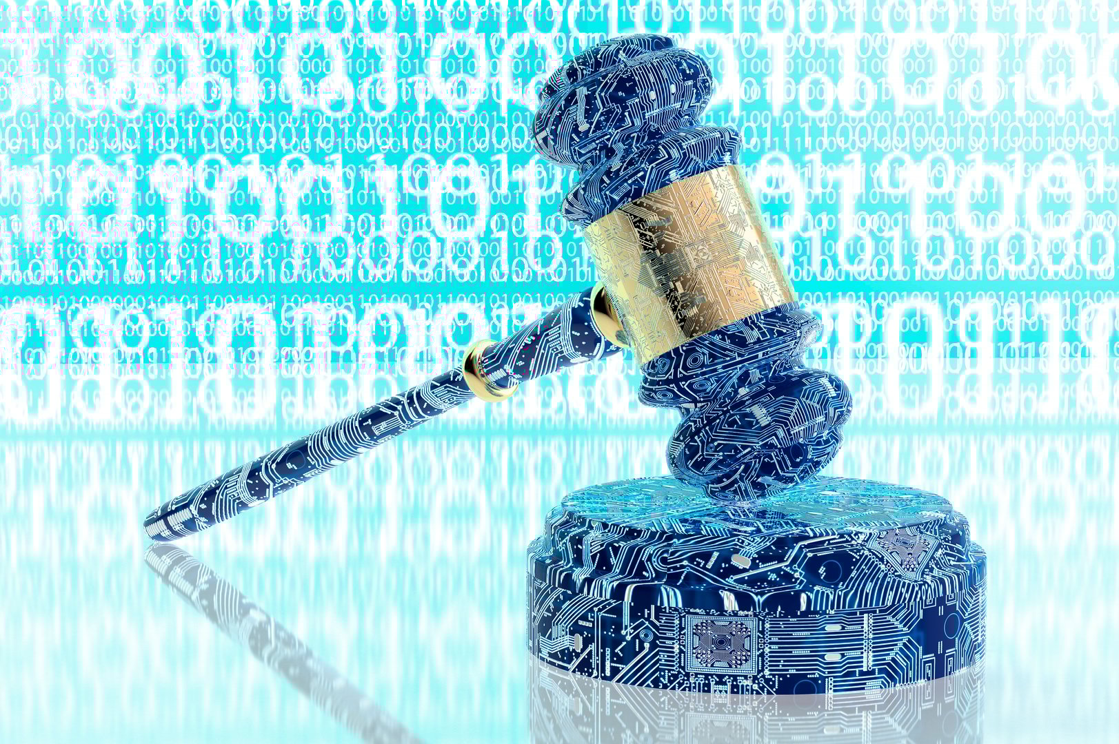 Legal computer judge concept with cyber gavel representing AI-powered auction bidding