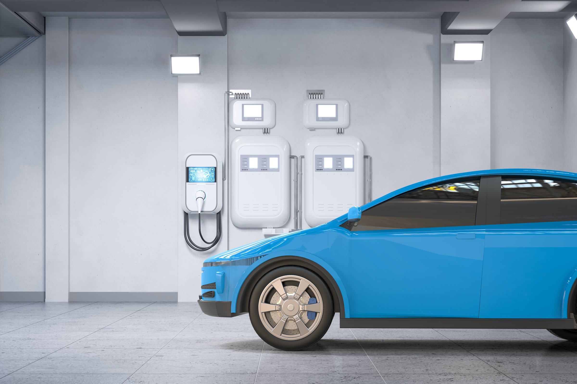3d rendering interior home garage with ev charger