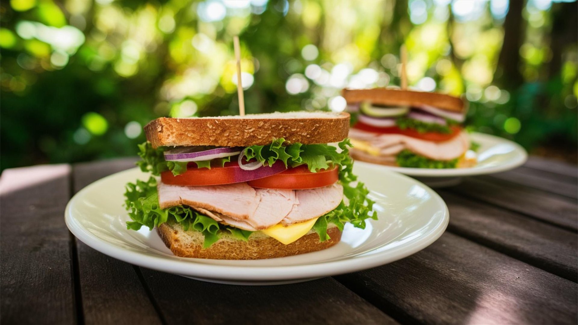 Close-up of a fresh turkey sandwich with lettuce and tomato on a wooden table outdoors.