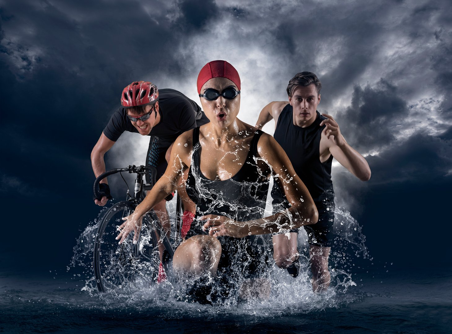 Triathlon sport collage. Man, woman running, swimming, biking for competition race