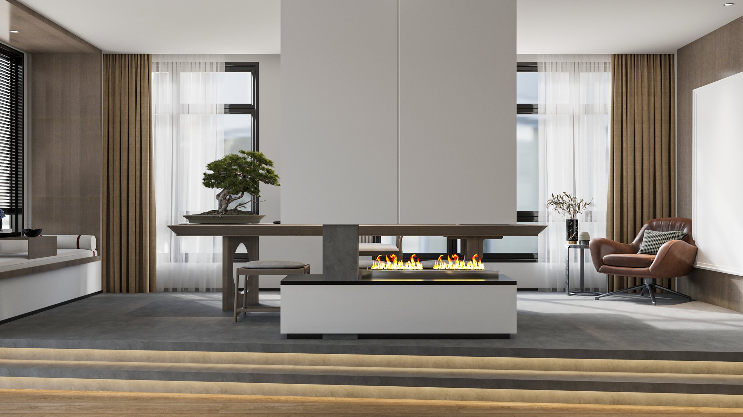 Modern living room with fireplace and bonsai tree