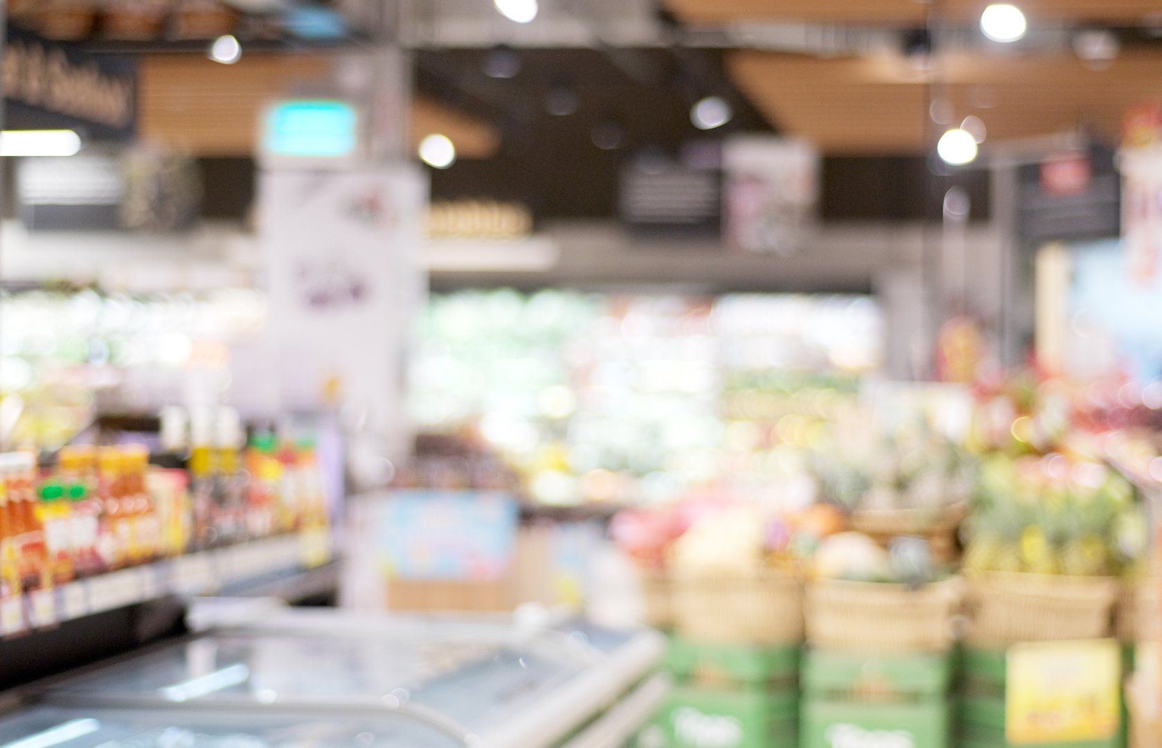 Blurred grocery store supermarket background with bokeh light, Blur fresh food at product shelves in market backdrop, business banner, wallpaper