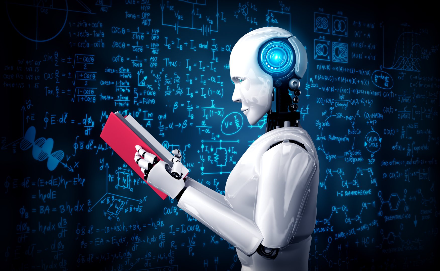 3D illustration of robot humanoid reading book and solving math data analytics in concept of future mathematics artificial intelligence, data mining and 4th fourth industrial automation revolution .