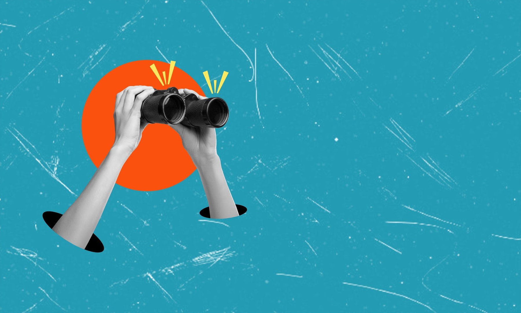 Contemporary artistic collage depicting hands holding binoculars against a blue background with space for text. The concept of planning and analytics.