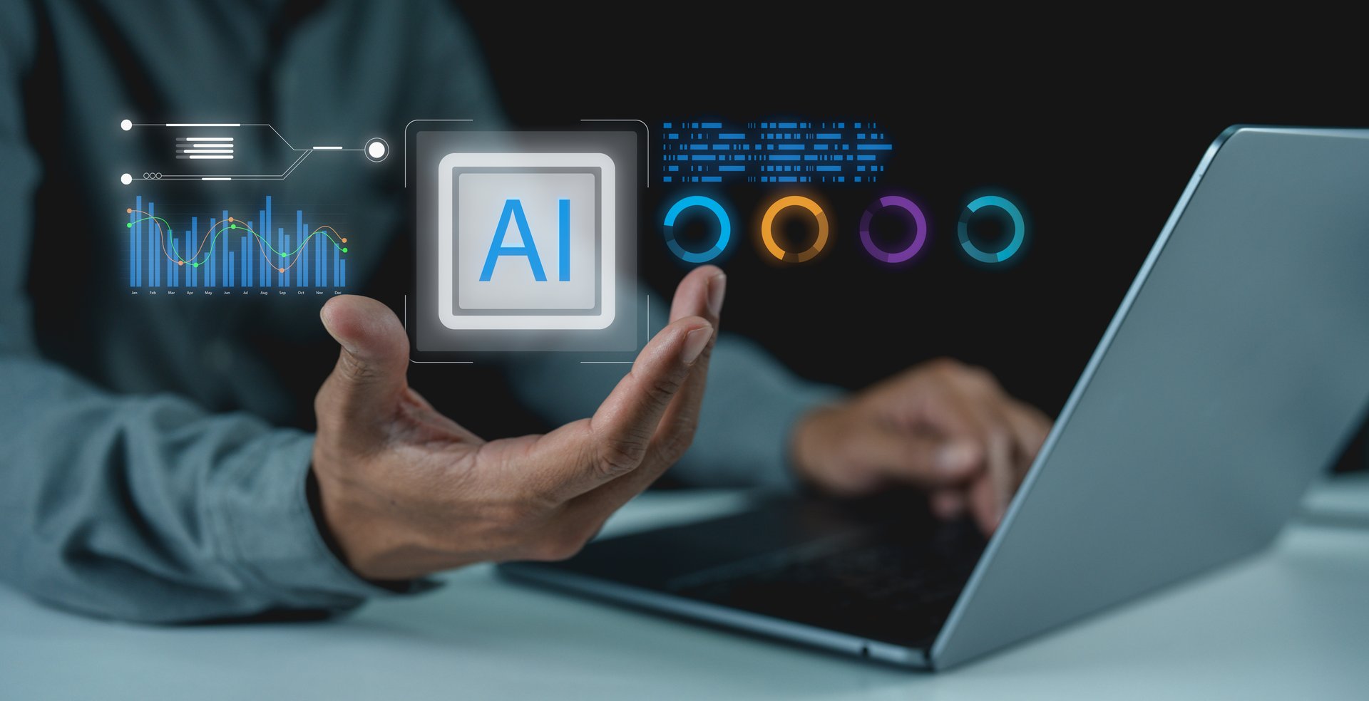 A hand holds an AI interface, showcasing data graphs and metrics, with a laptop in the background, emphasizing technology and innovation.