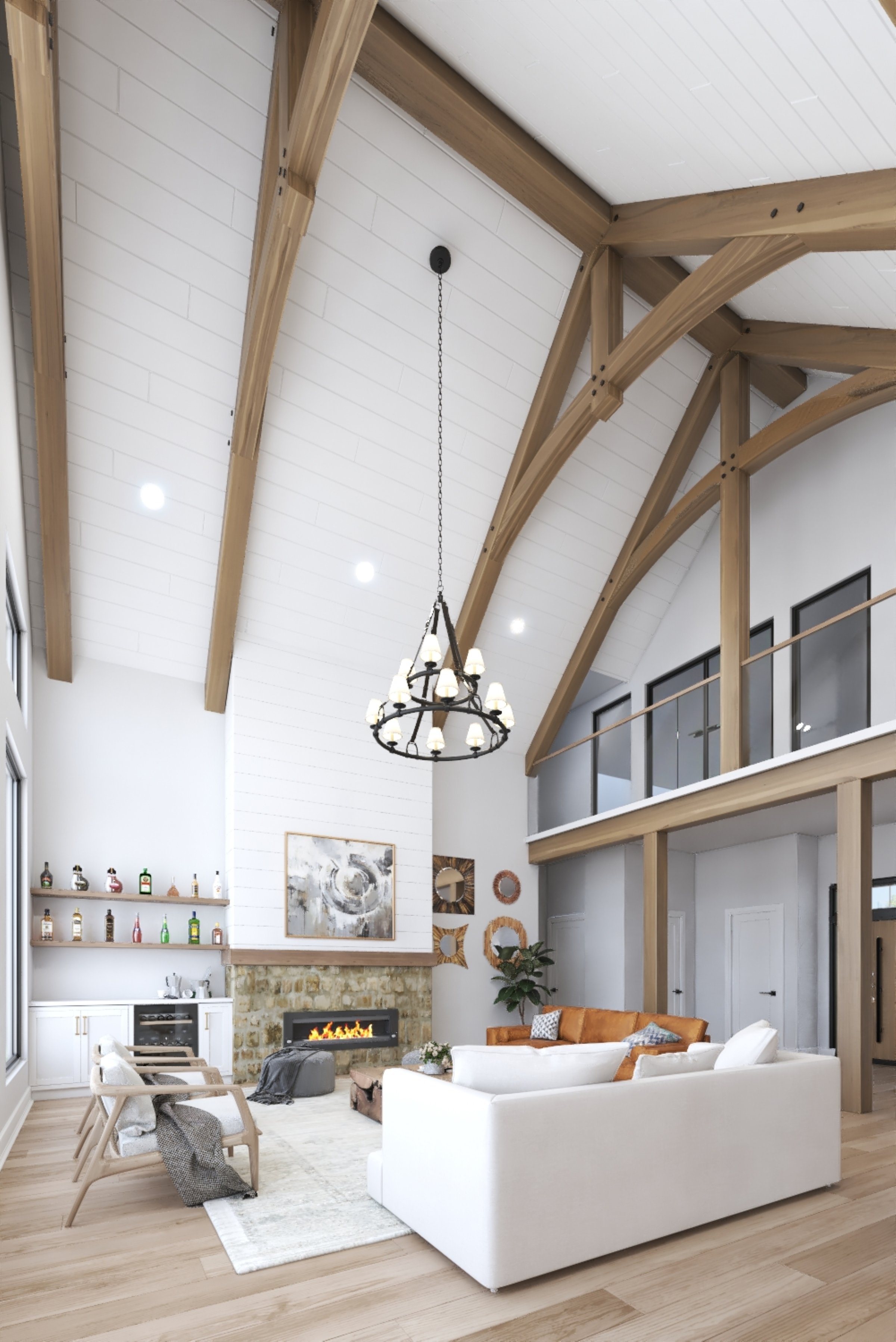 Stylish open living room featuring a vaulted ceiling, wooden beams, and a modern fireplace. The elegant decor and natural light create a warm and inviting atmosphere.