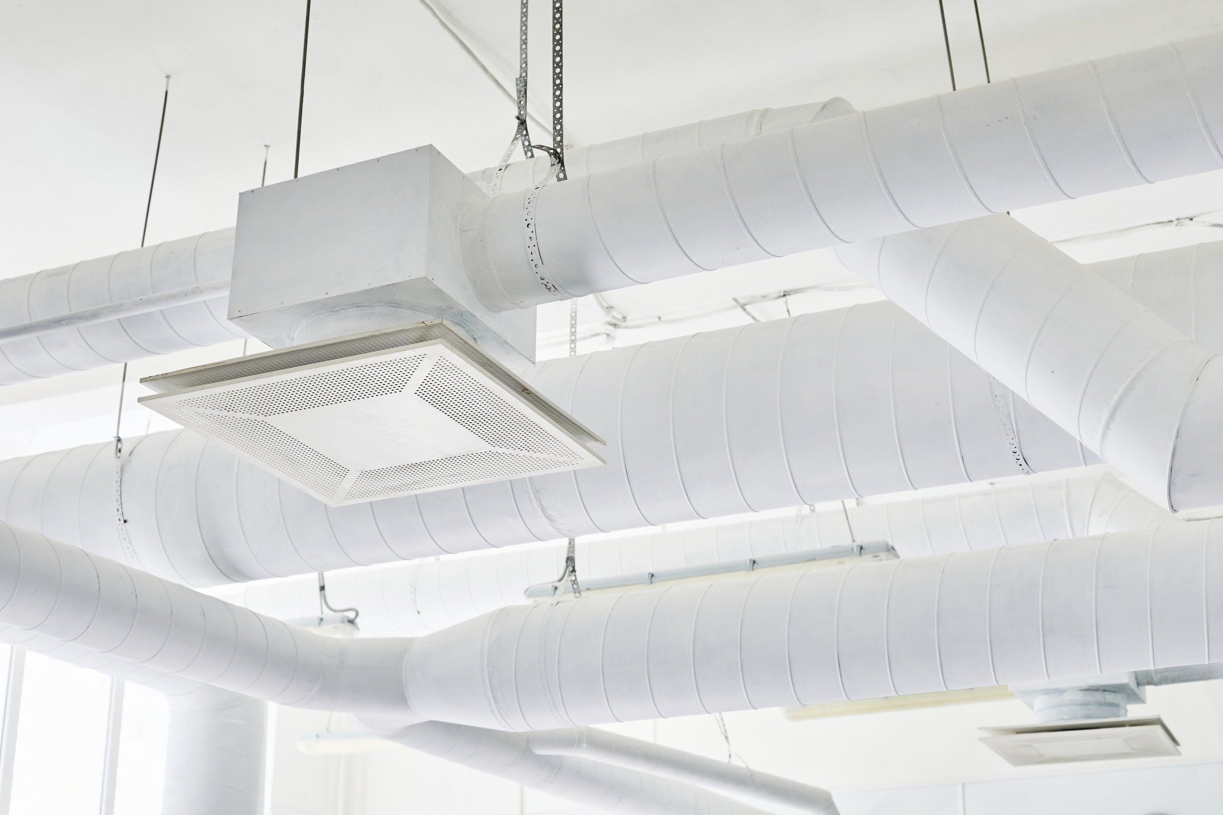 Background shot of industrial ventilation system at pharmaceutical manufacturing plant. Vent pipes painted white with exhaust mesh under ceiling providing air exchange