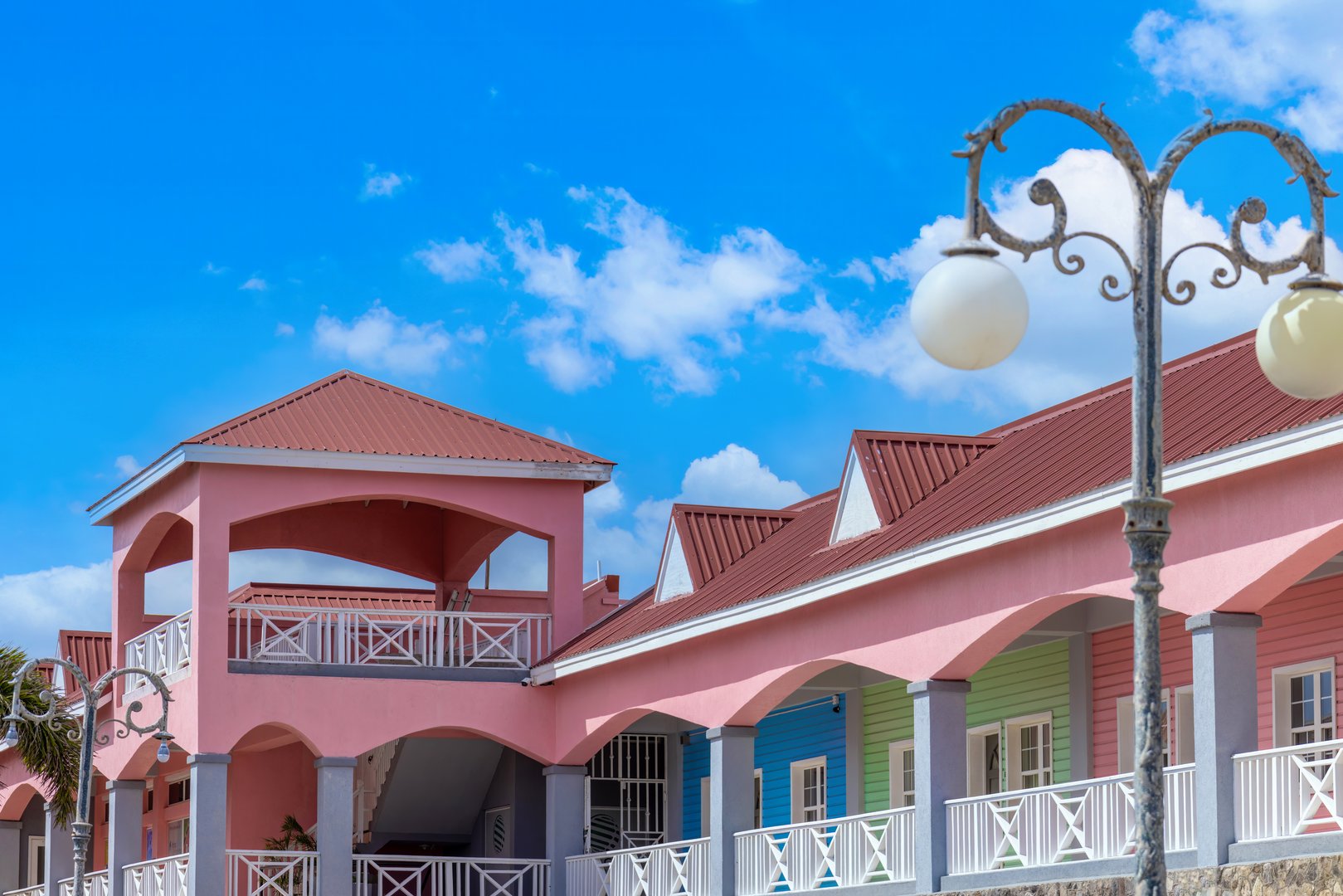 Saint Kitts and Nevis, Basseterre colorful colonial architecture in historic city center.
