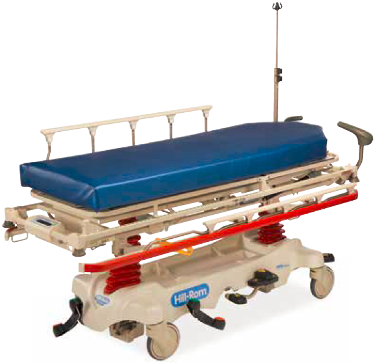 A medical stretcher with blue padding and an IV pole, featuring wheels for mobility and safety rails on the sides.