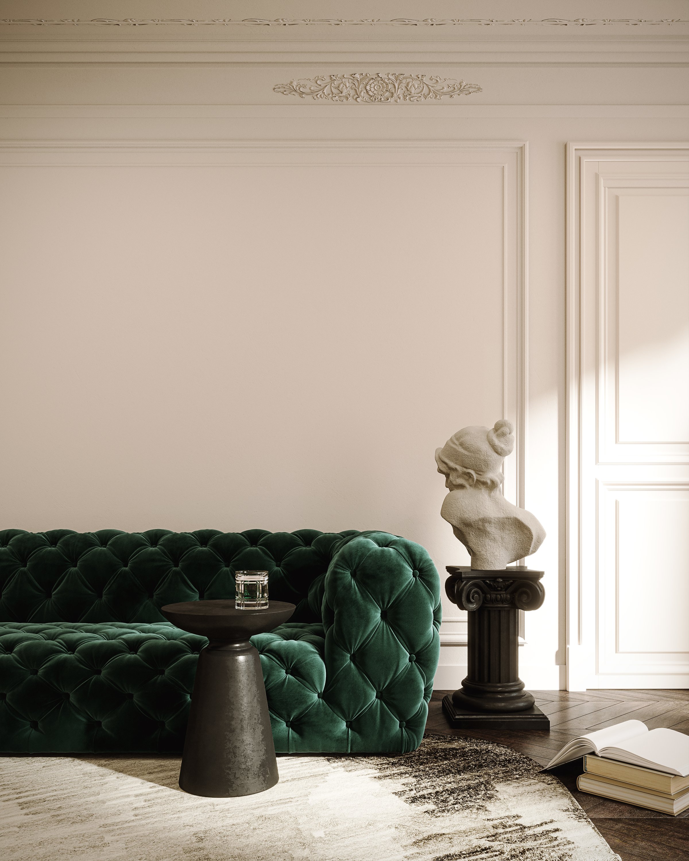 Contemporary interior design of living room. Velvet green sofa with white empty mockup wall background. 3D Rendering, 3D Illustration