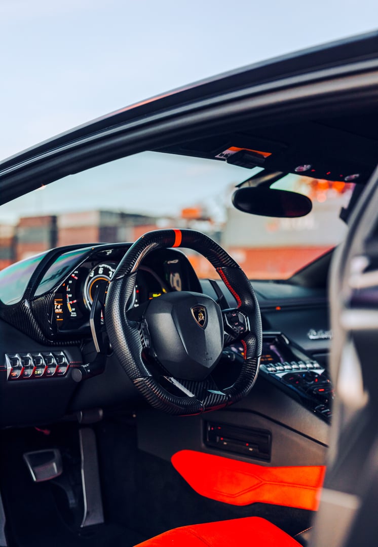Seattle, WA, USA 2/2/2022 Black Lamborghini Huracan interior shot