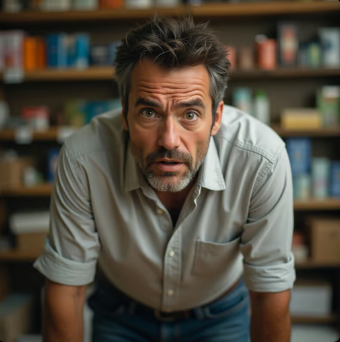 Man with a casual shirt leaning forward in a bookstore, looking surprised, with shelves of books in the background.