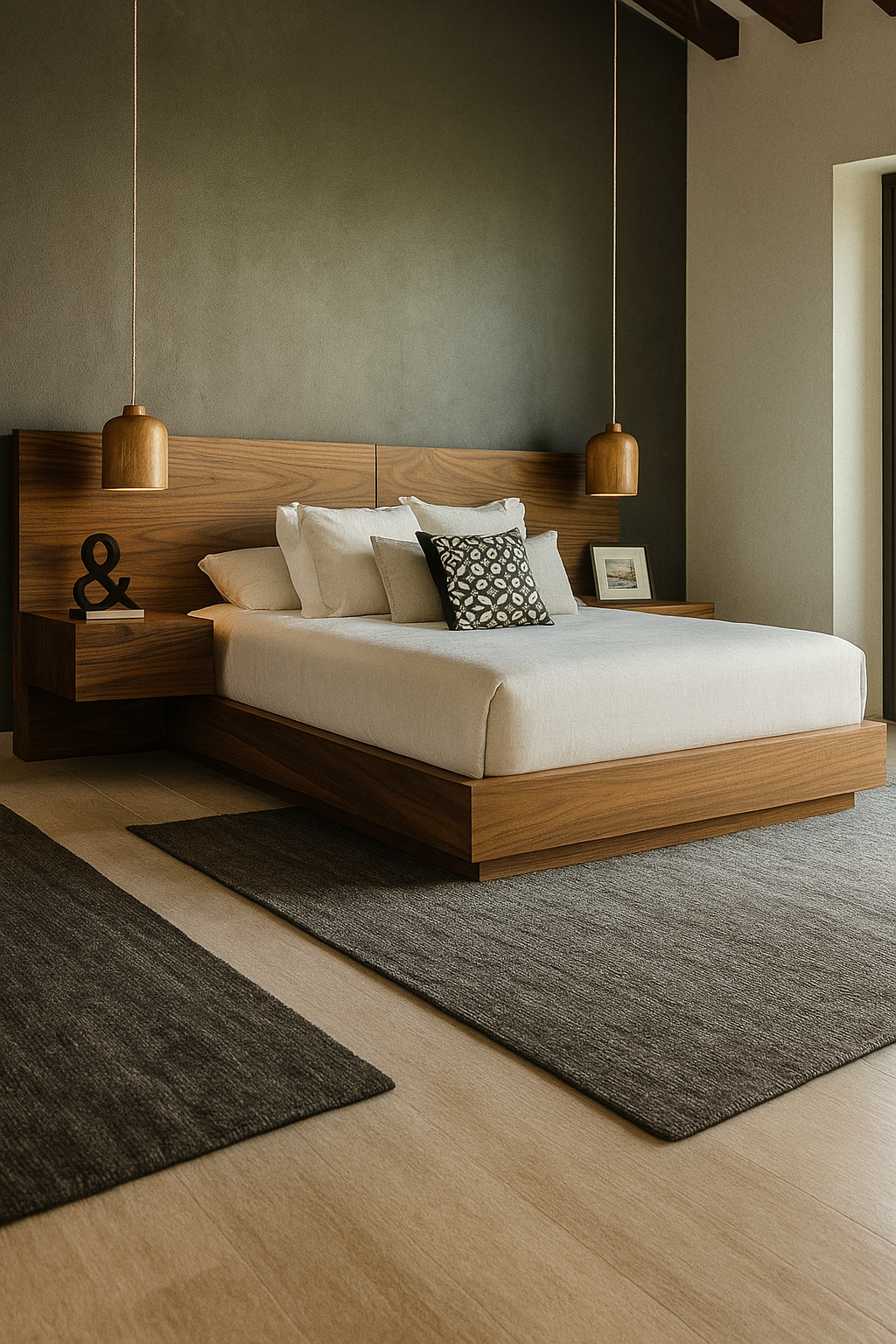 Cama plataforma en Rosa Morada con cabecera corrida y burós volados integrados