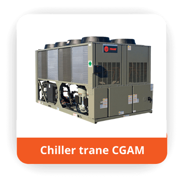Trane CGAM chiller unit with industrial design and prominent brand logo on display platform.