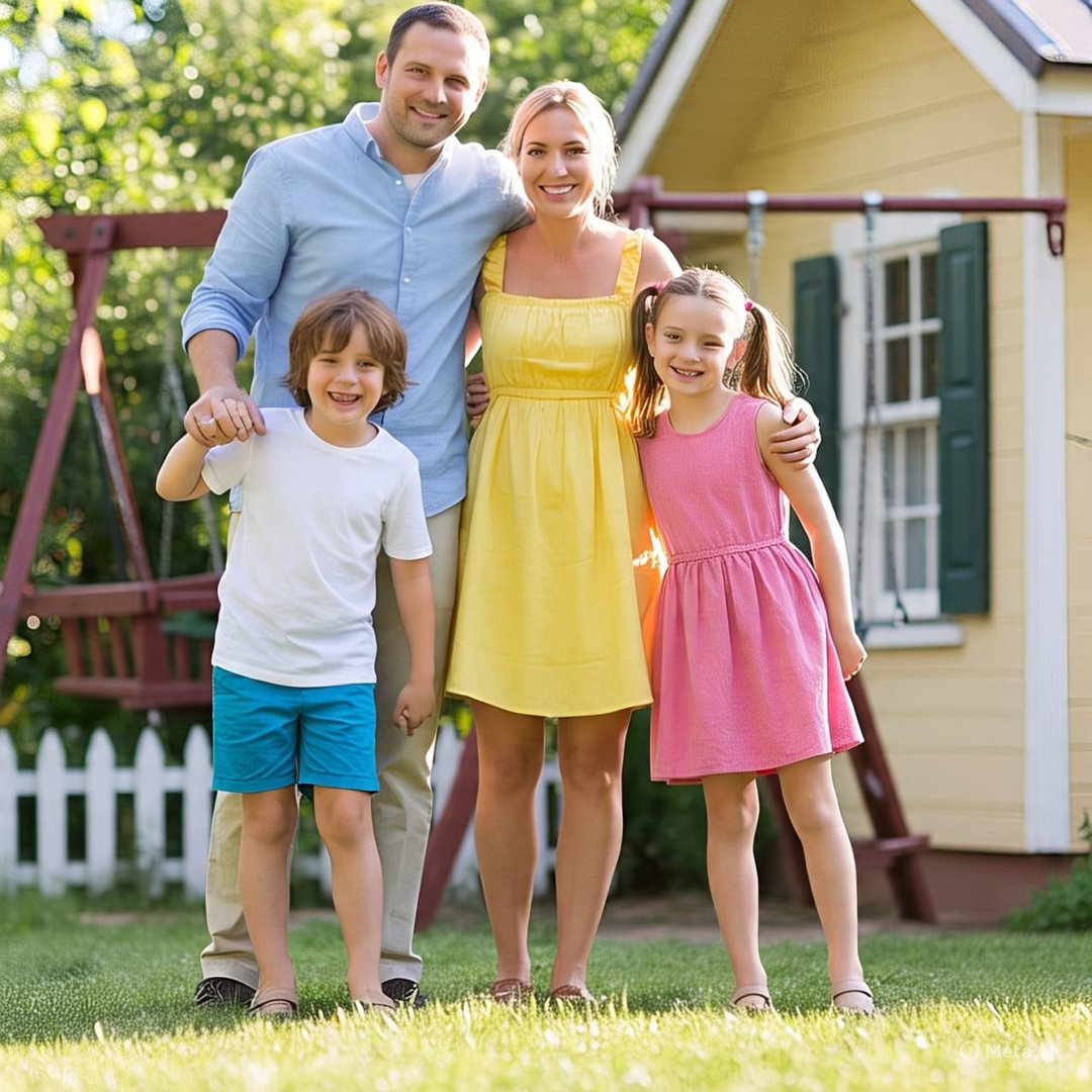 A family of four standing in a sunny backyard, with a swing set and house in the background, all smiling at the camera.