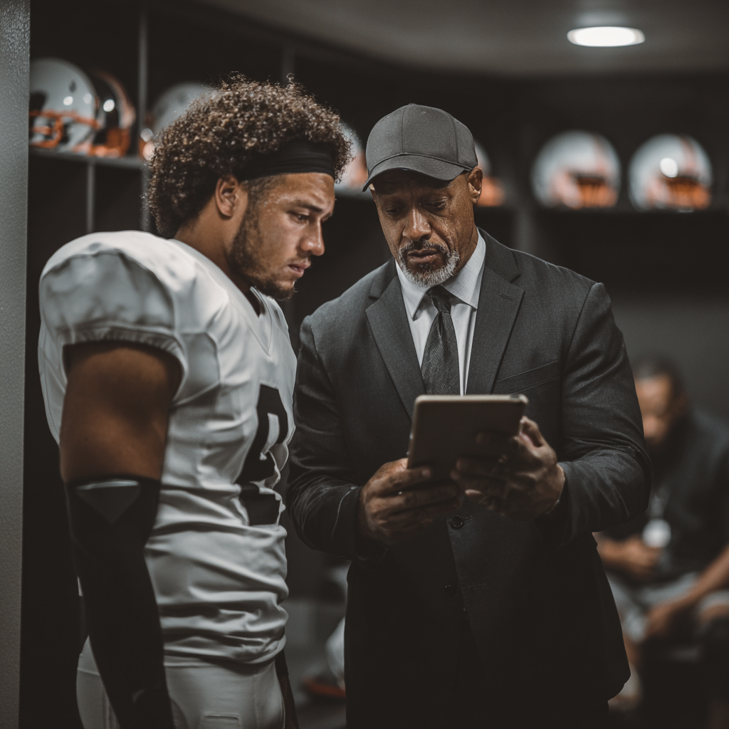 Black quarterback reviewing game film with coach