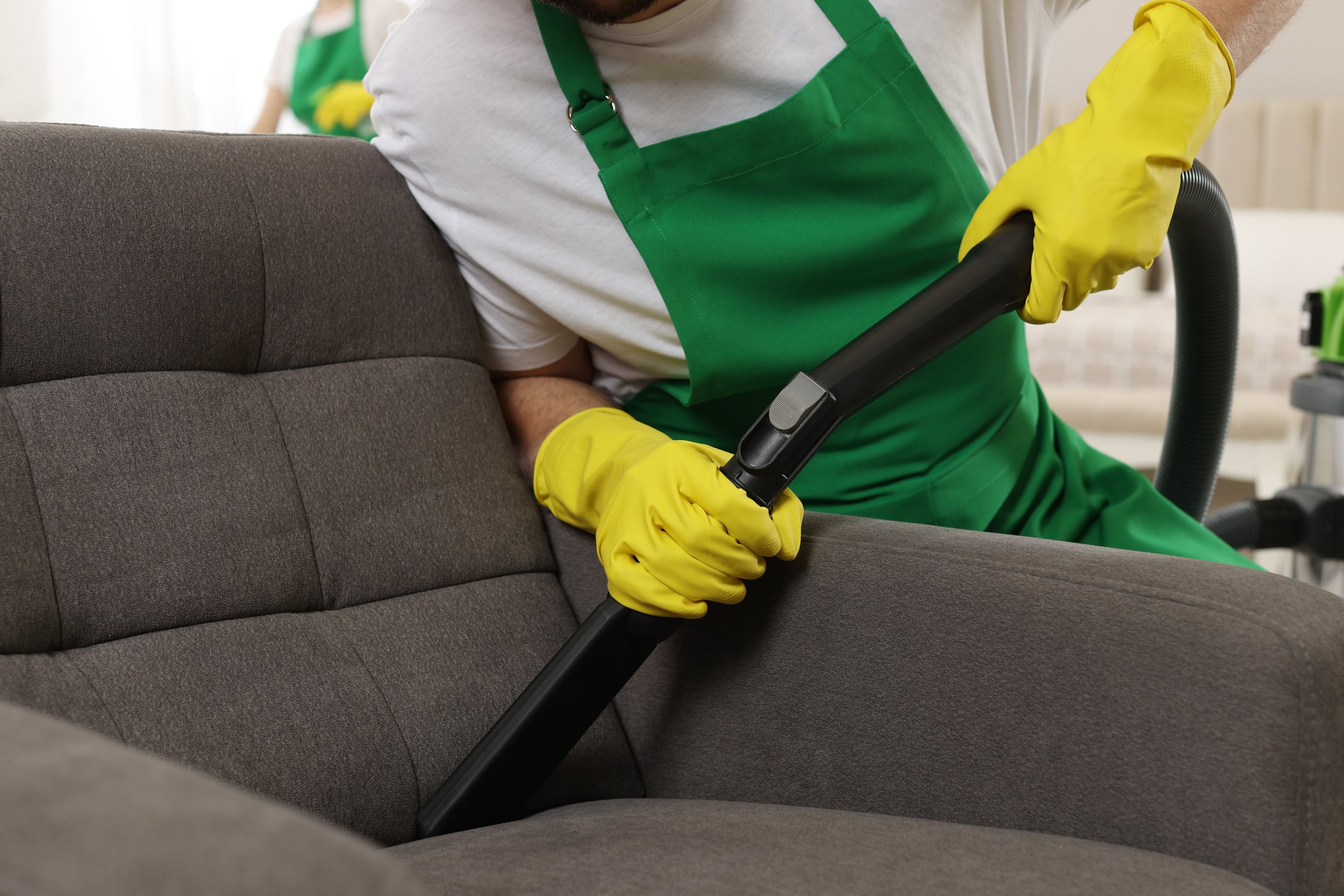 Professional janitor vacuuming armchair in room, closeup