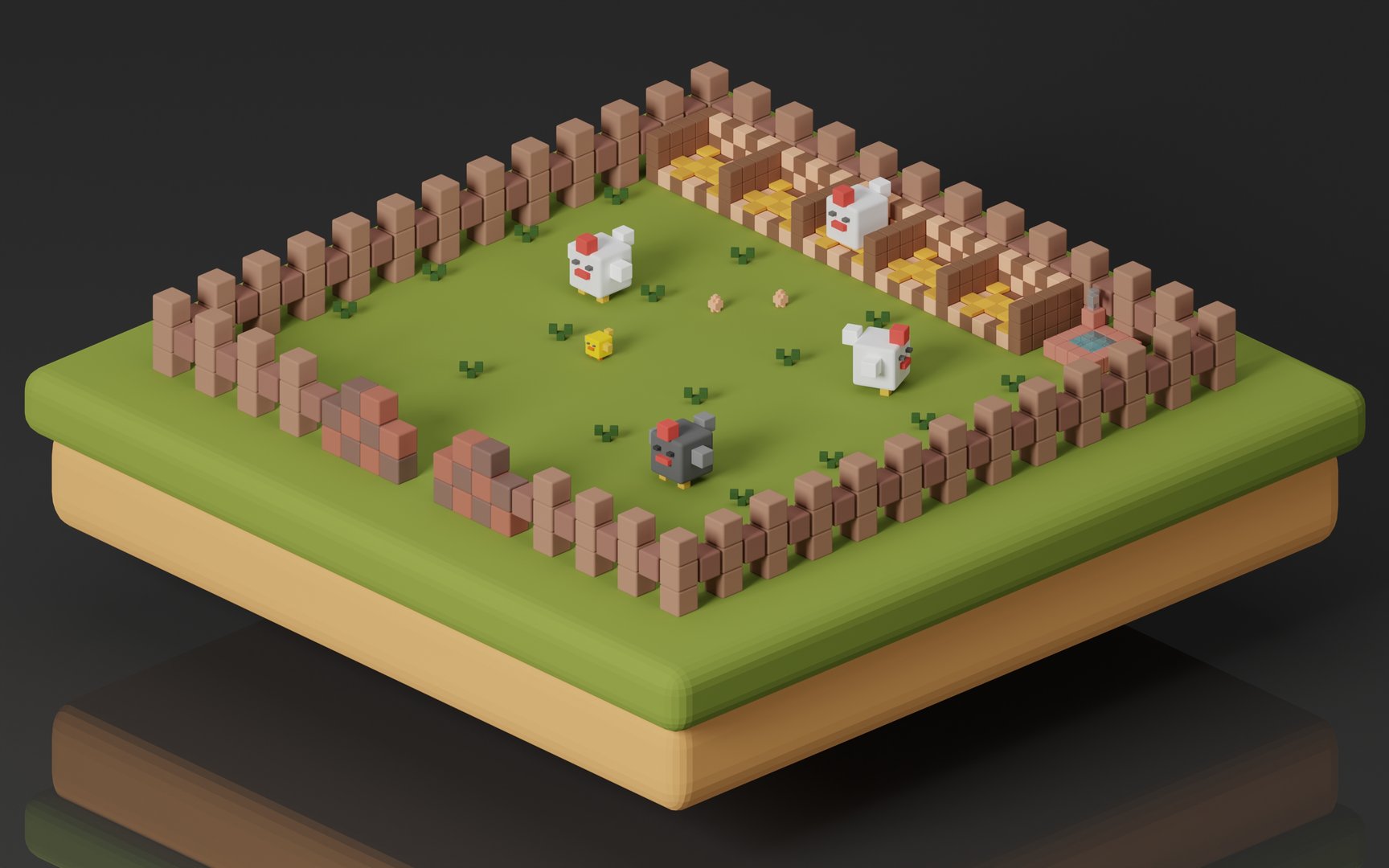 3D isometric pixel chicken farm on black background in classic game.