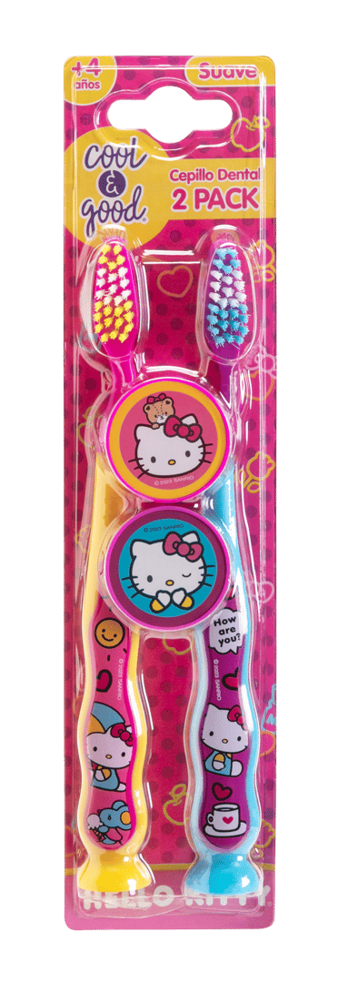 Two colorful children's toothbrushes in packaging featuring cartoon characters