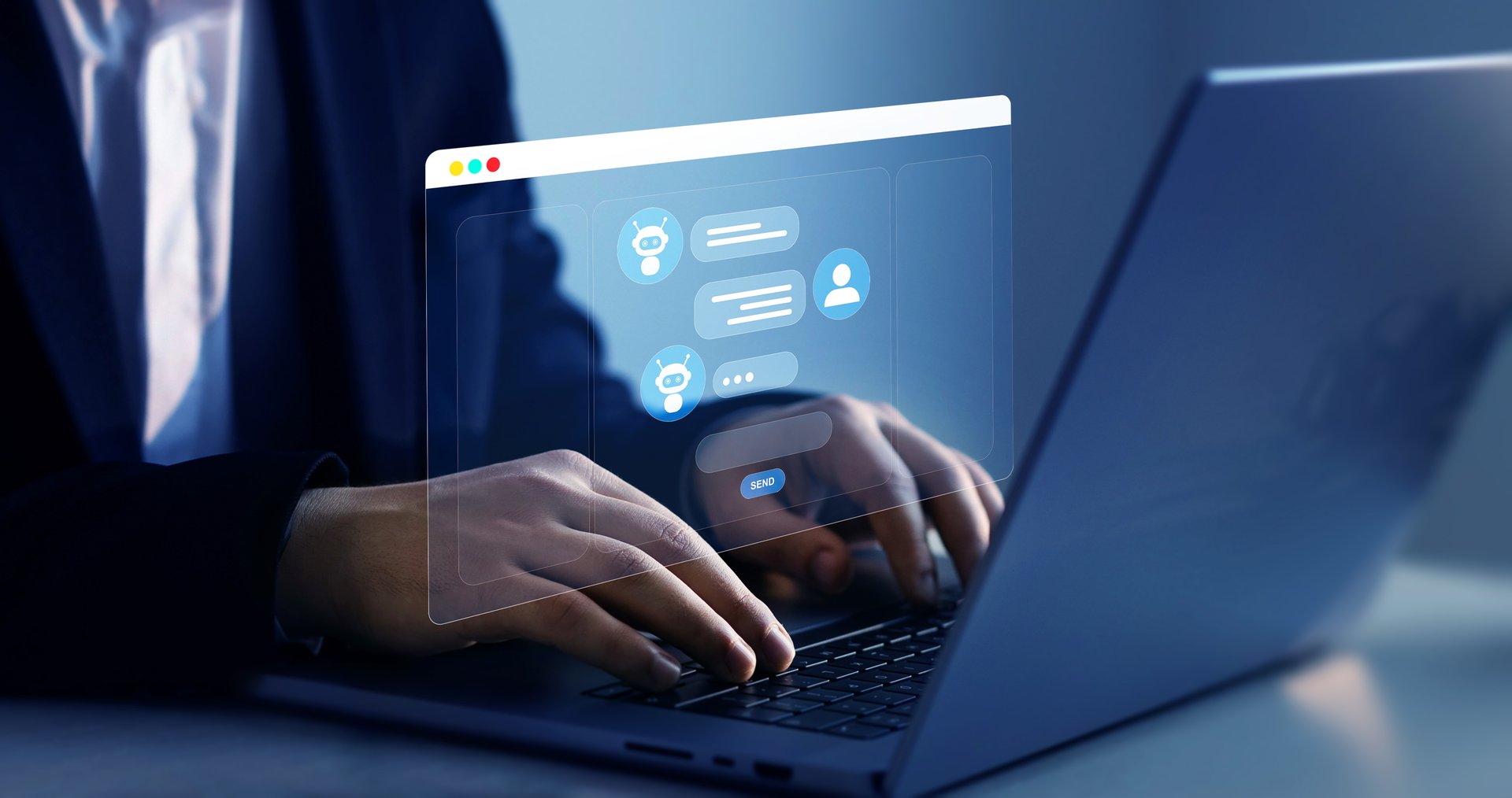 Customer  using AI chat 
service to get support.Virtual assistant, artificial intelligence and CRM software automation technology. A.I. Chat with AI. Online support Chatbot conversation