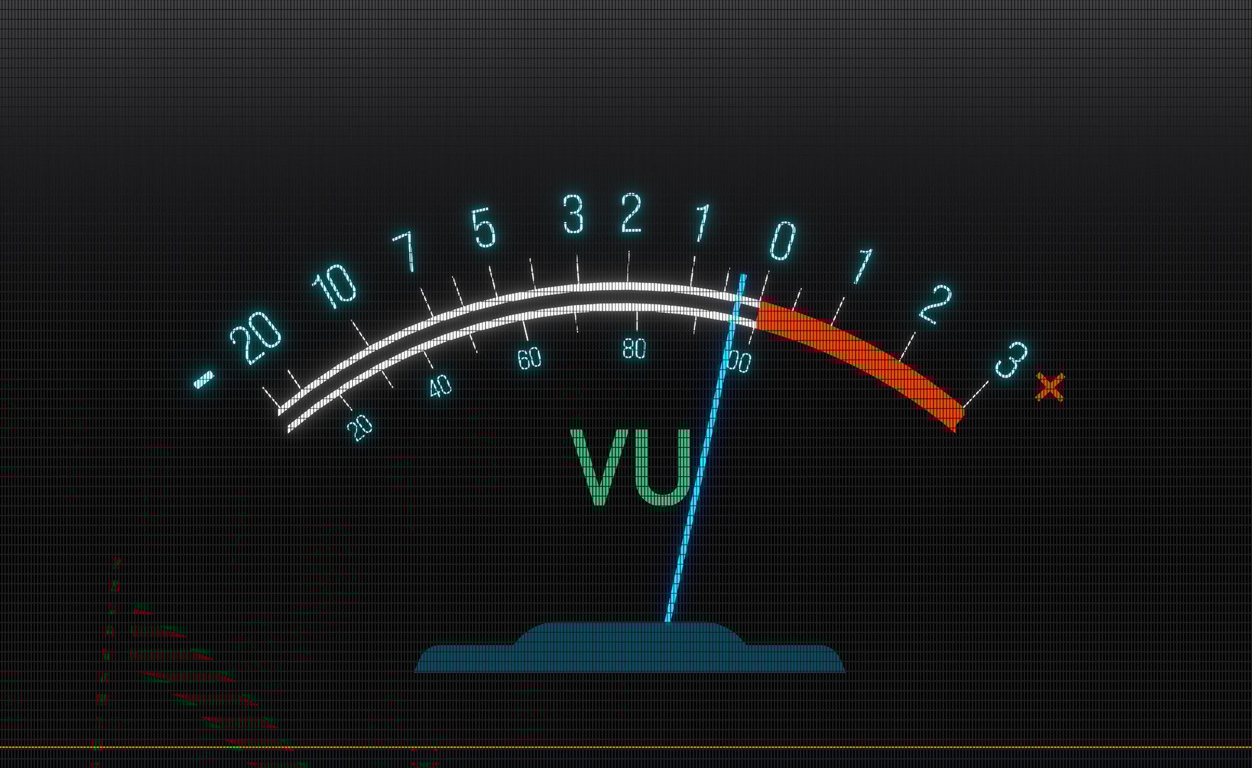 Front view VU meter (volume unit) or level meter. Sound mixer, recording studio, music, frequency, decibel, noise