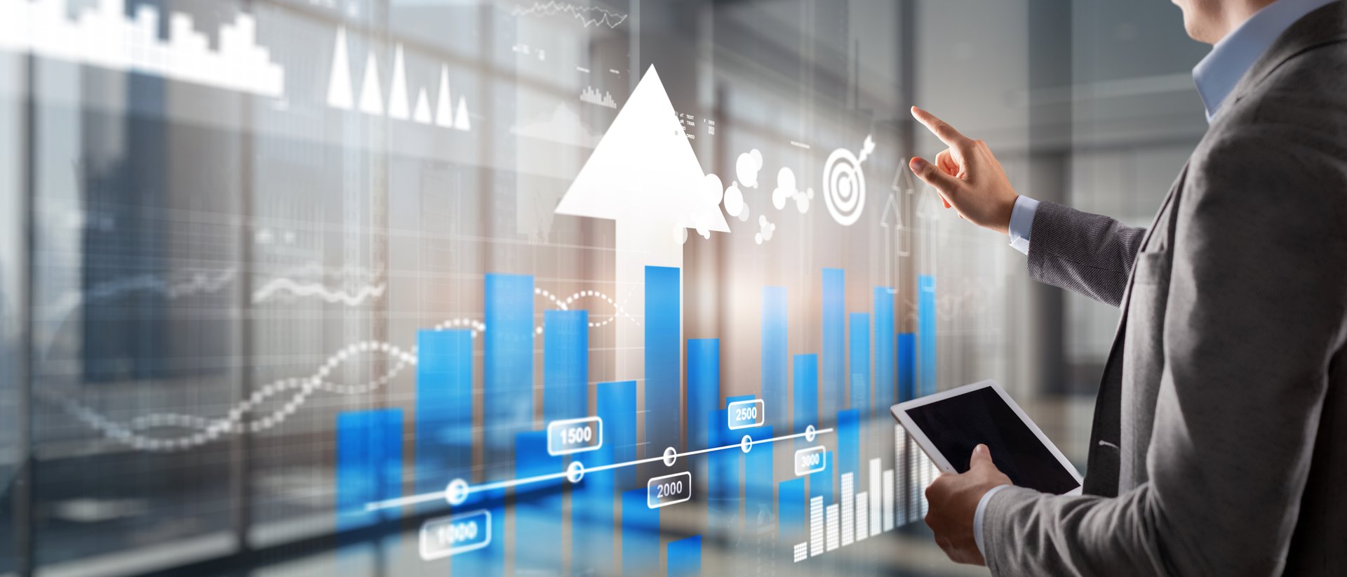 Business intelligence. Diagram, Graph, Stock Trading, Investment dashboard. Arrows up.