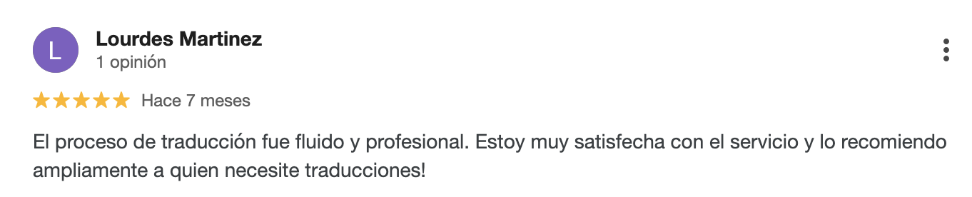 Reseña de cliente sobre traducción certificada profesional