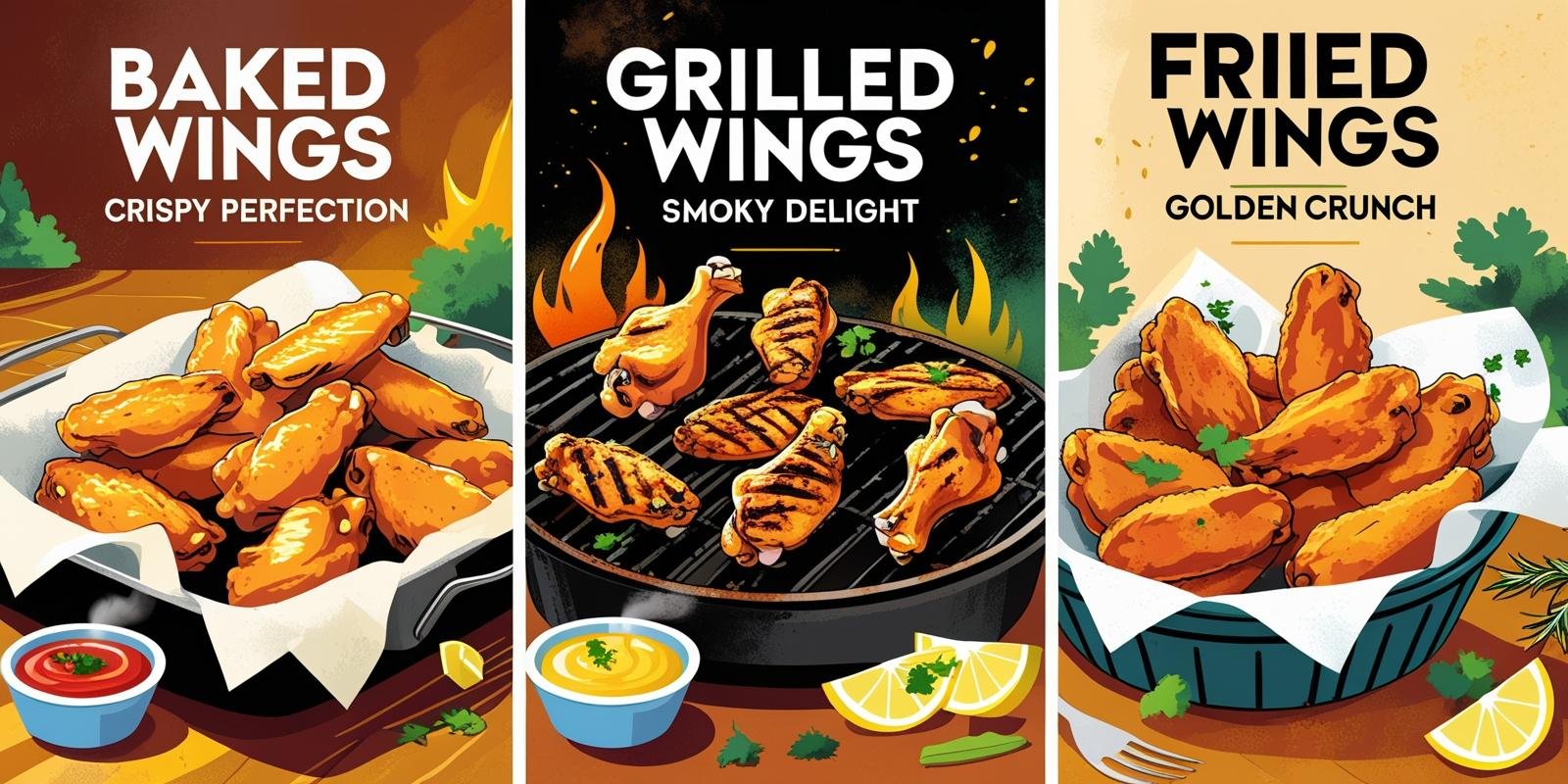 Illustration of three types of chicken wings: baked, grilled, and fried, each in separate dishes with garnishes and sauces.
