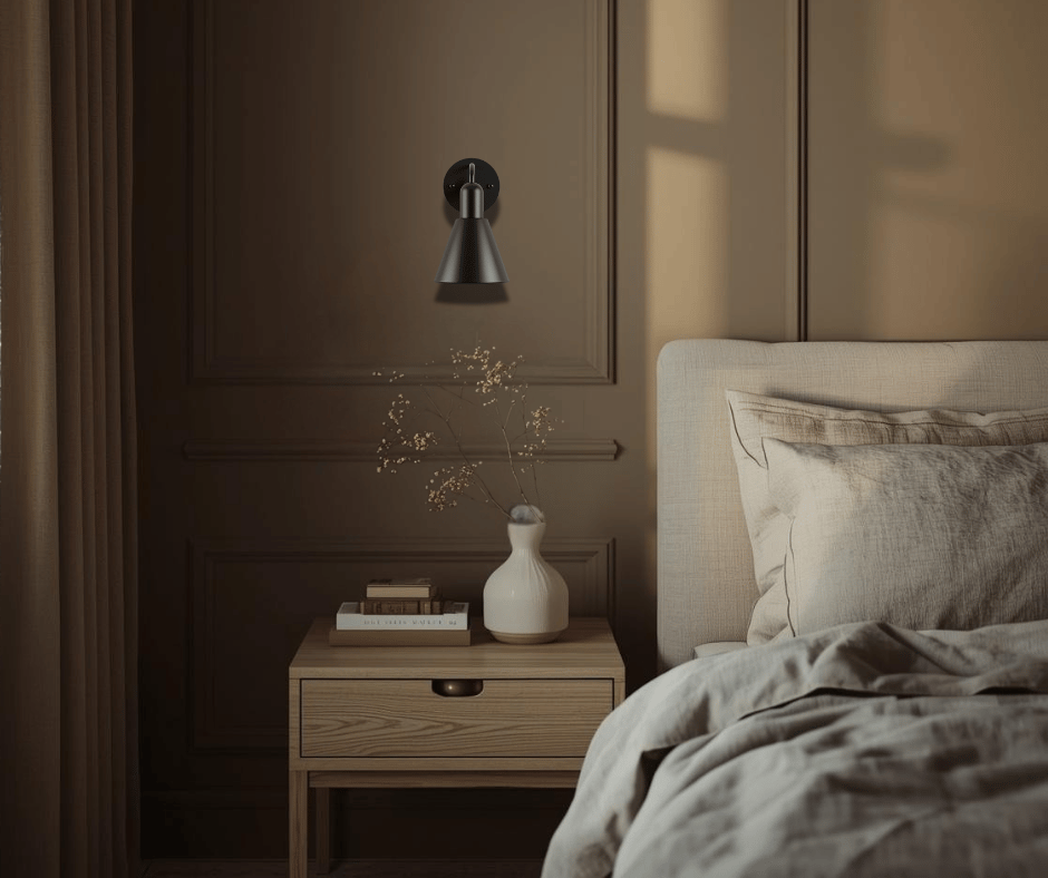 Soverom med sort veggerlampe