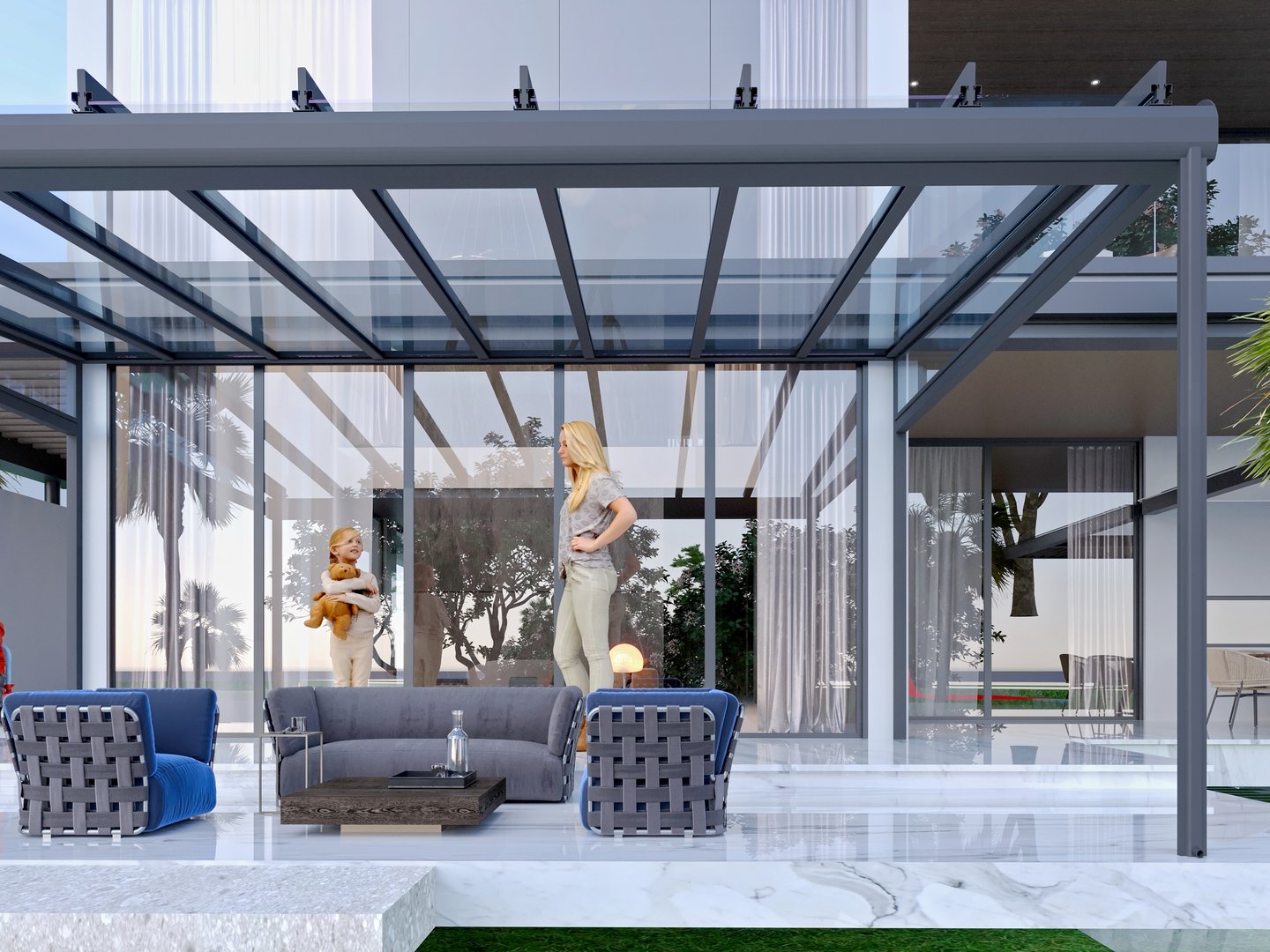 3d render of patio cover glass roof pergola