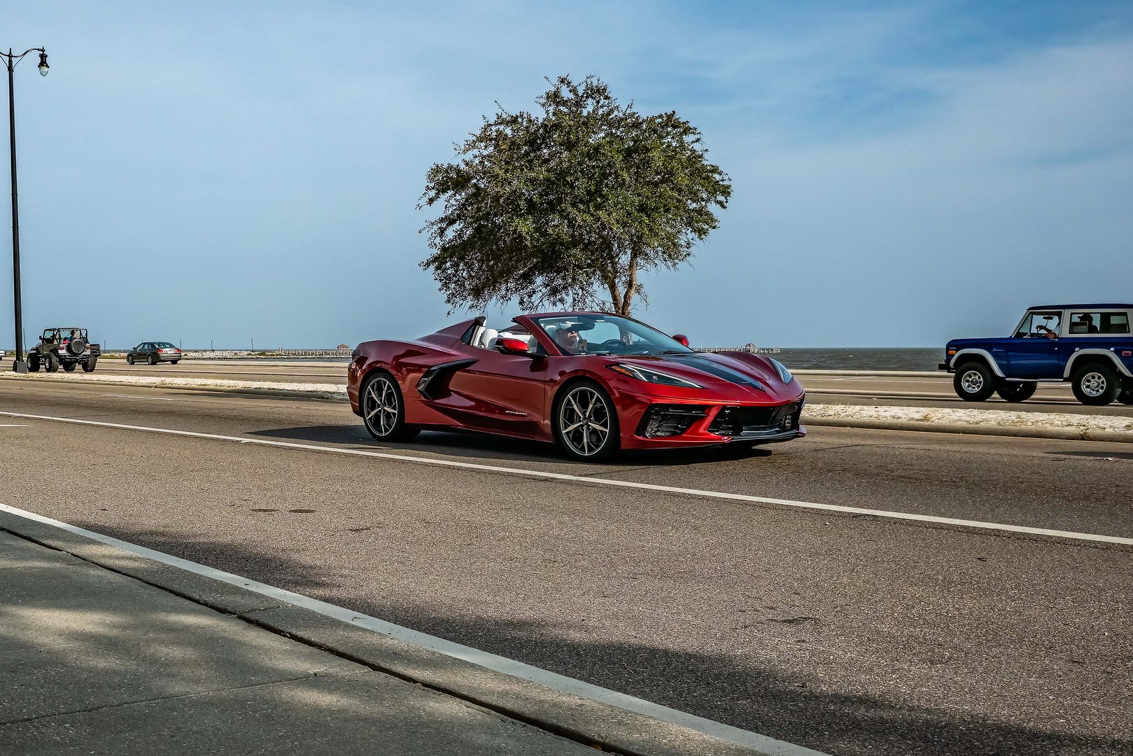 Gulfport, MS - October 04, 2023: Wide angle front corner view of a 2020 Chevrolet Corvette Stingray 3LT Convertible at a local car show.