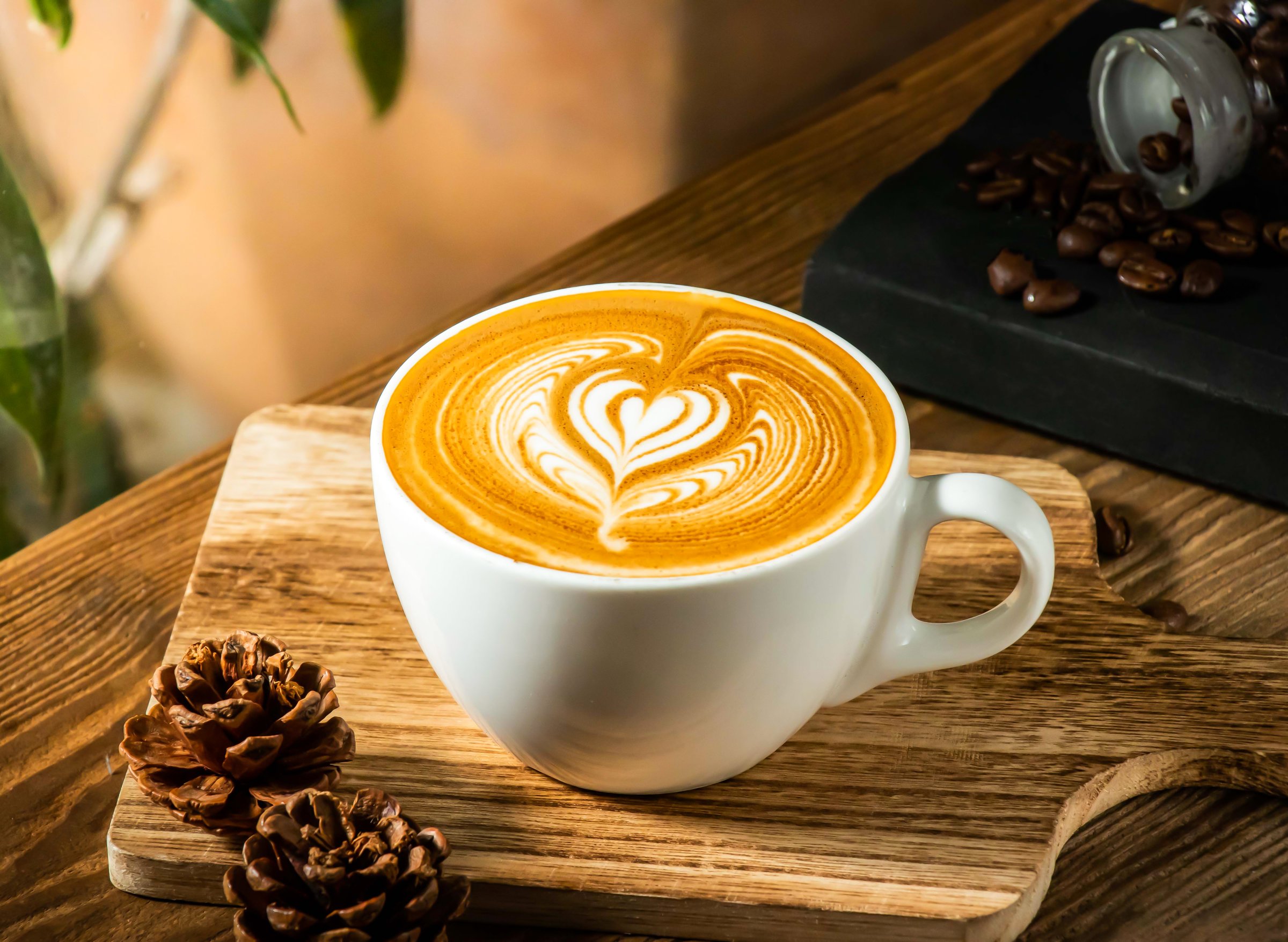 Heart Shaped Latte Art in a White cup with coffee beans isolated on wooden table side view of taiwan baked food