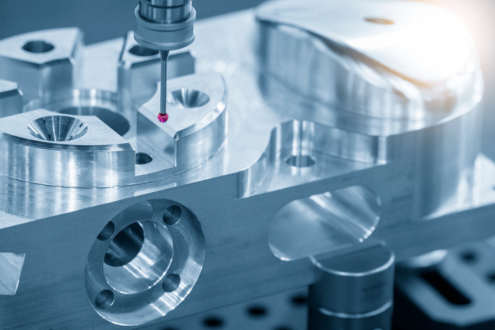 The  touching probe  measuring the sample CNC machine. The quality control of high precision parts with CMM machine.