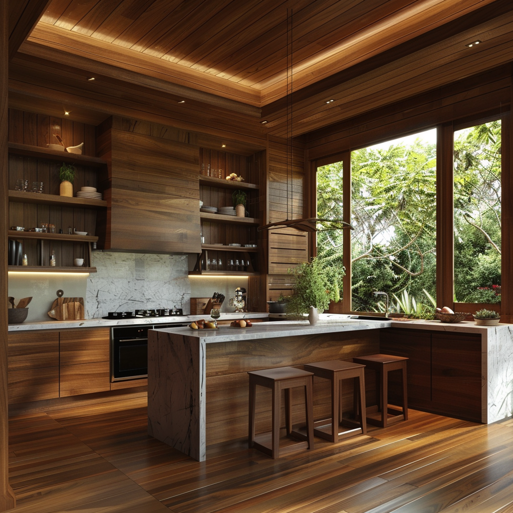 A modern kitchen with wooden cabinets, marble countertops, an island with stools, and large windows overlooking greenery.