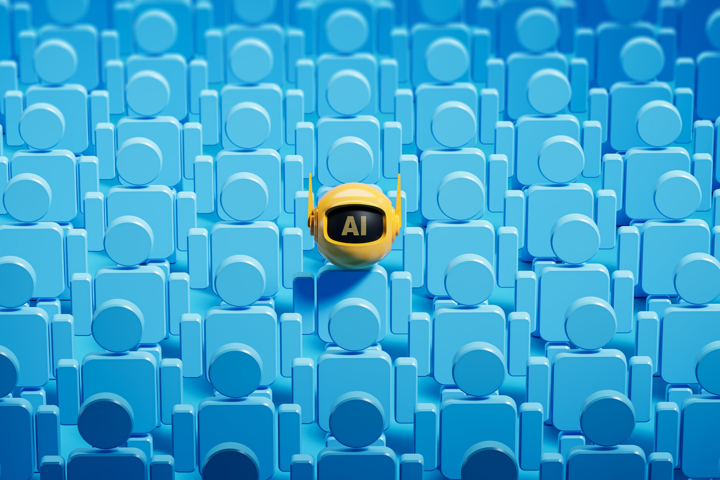 Row of blue people figures standing and yellow AI bot. Concept of robot replace human, artificial intelligence and job loss. 3D rendering illustration