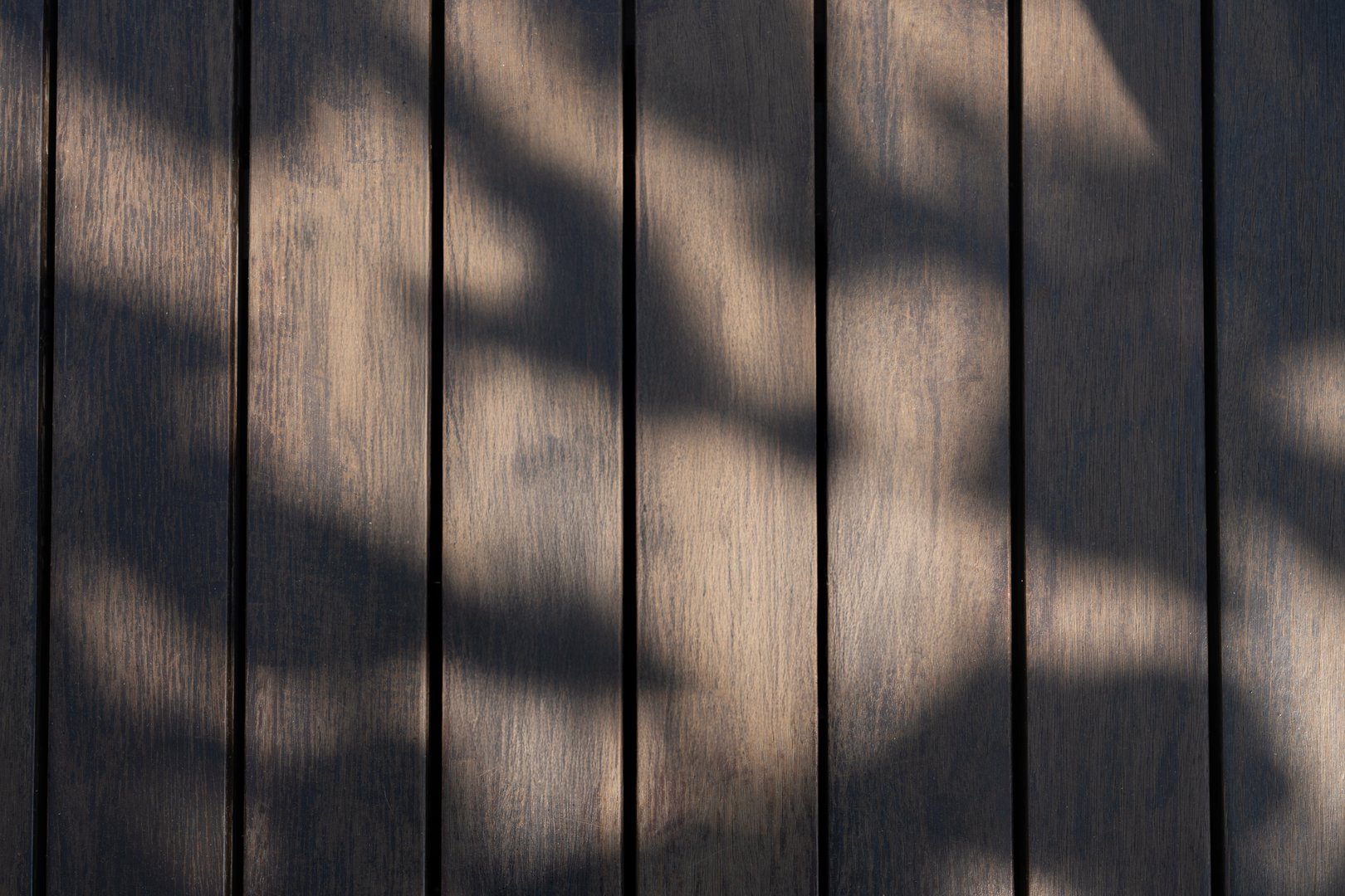Close-up of wooden planks with soft sunlight and shadow patterns creating abstract texture