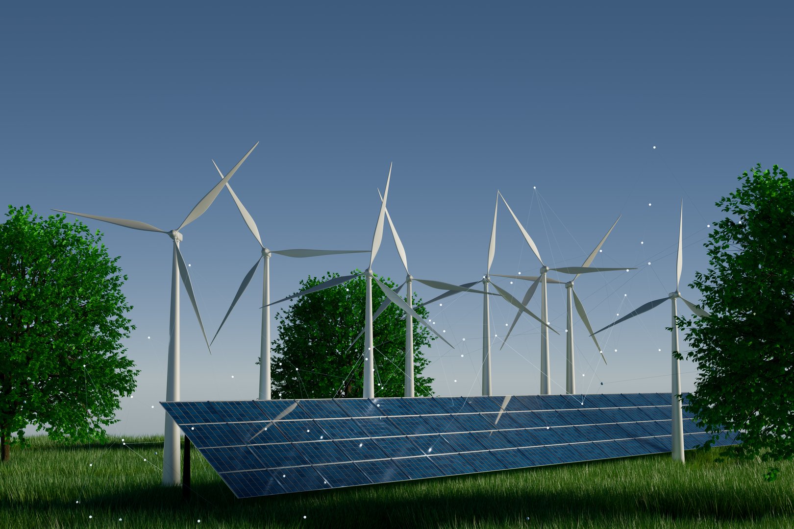 Renewable energy scene featuring wind turbines and solar panels under a clear blue sky. 3d rendering