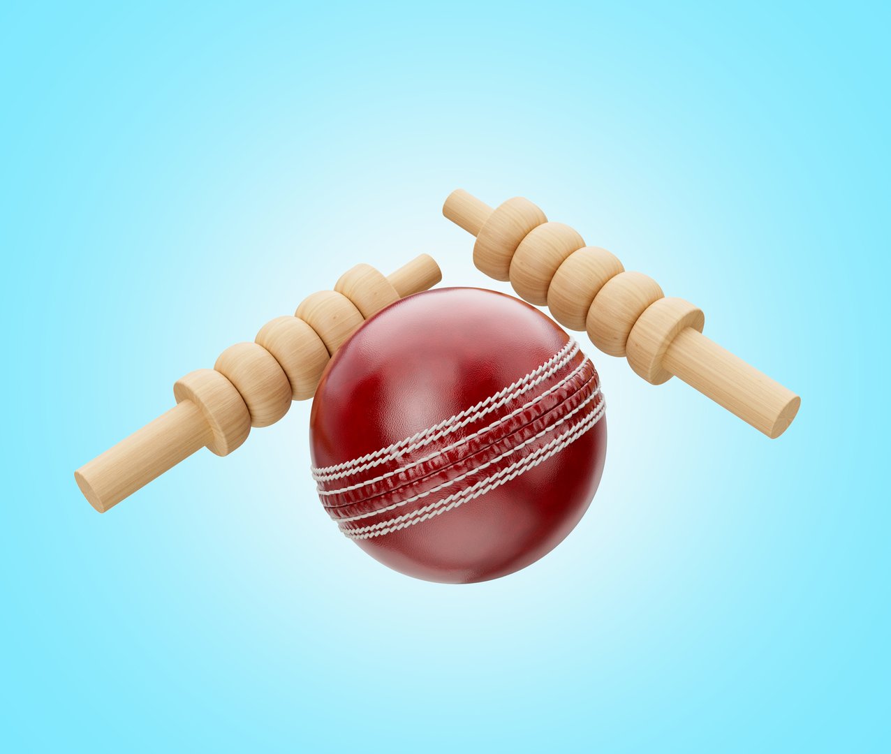 Shiny Red Leather Stitched Test Cricket Ball With Two Wicket Bails Blue Background 3D Illustration