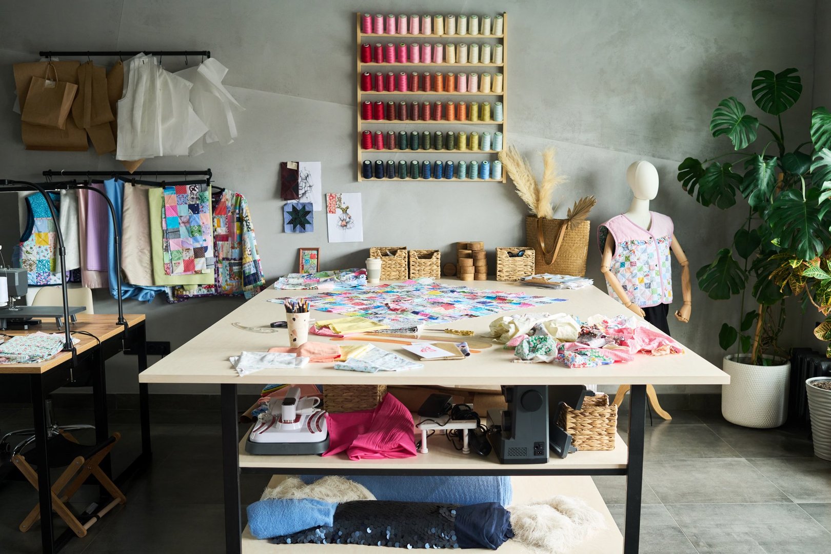 Sewing studio workspace showing large table covered with colorful fabric pieces, sewing machine, spools of thread on wall, mannequin displaying patchwork vest, creative tools scattered
