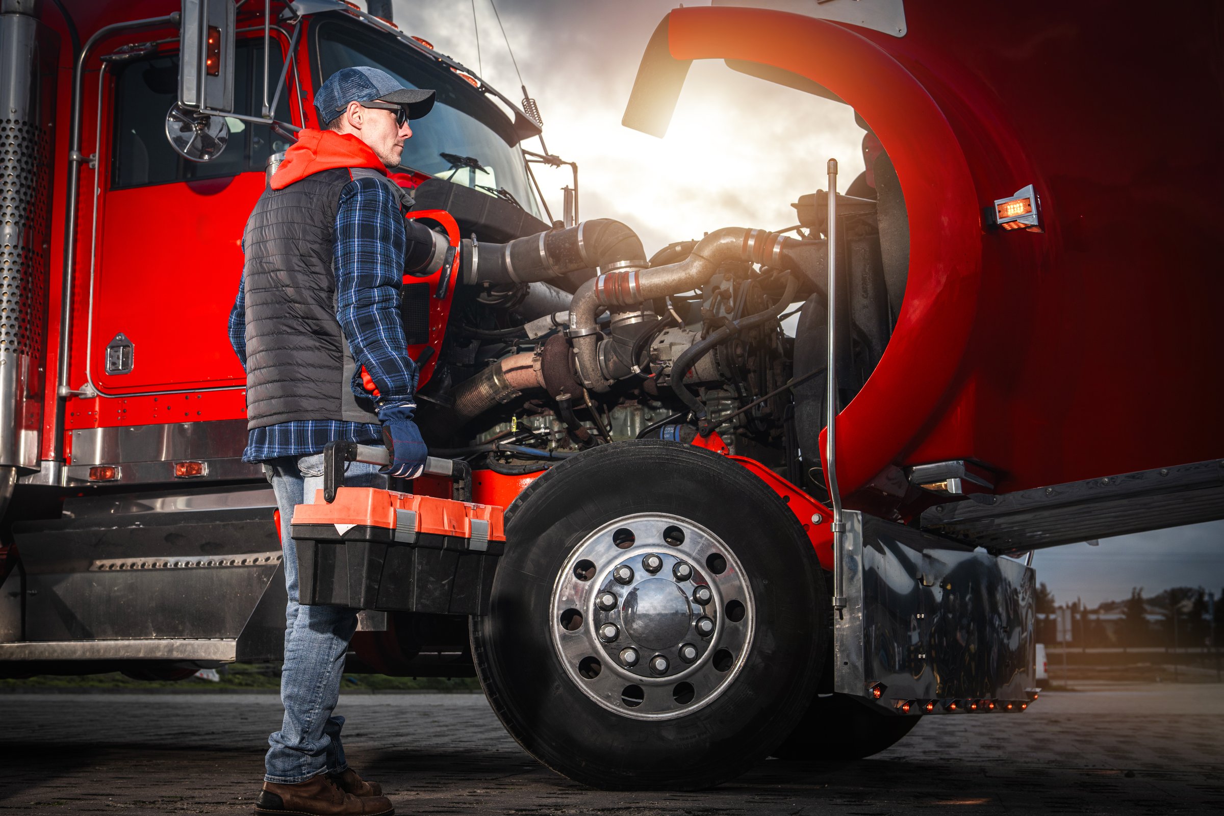 A truck driver inspects the engine of a big rig during sunset, showcasing skills and dedication to truck maintenance.
