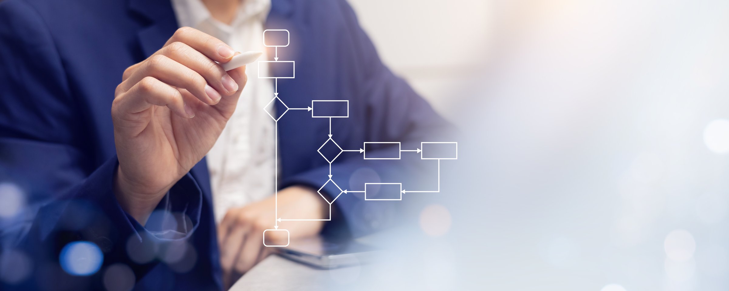 close up marketer employee hand use stylus pencil to draft or draw about process of solving customer's problem with flowchart on digital tablet for business strategy and lifestyle concept