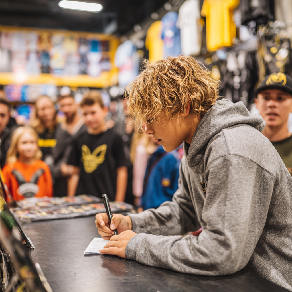 Very young wrestling star doing autograph signing