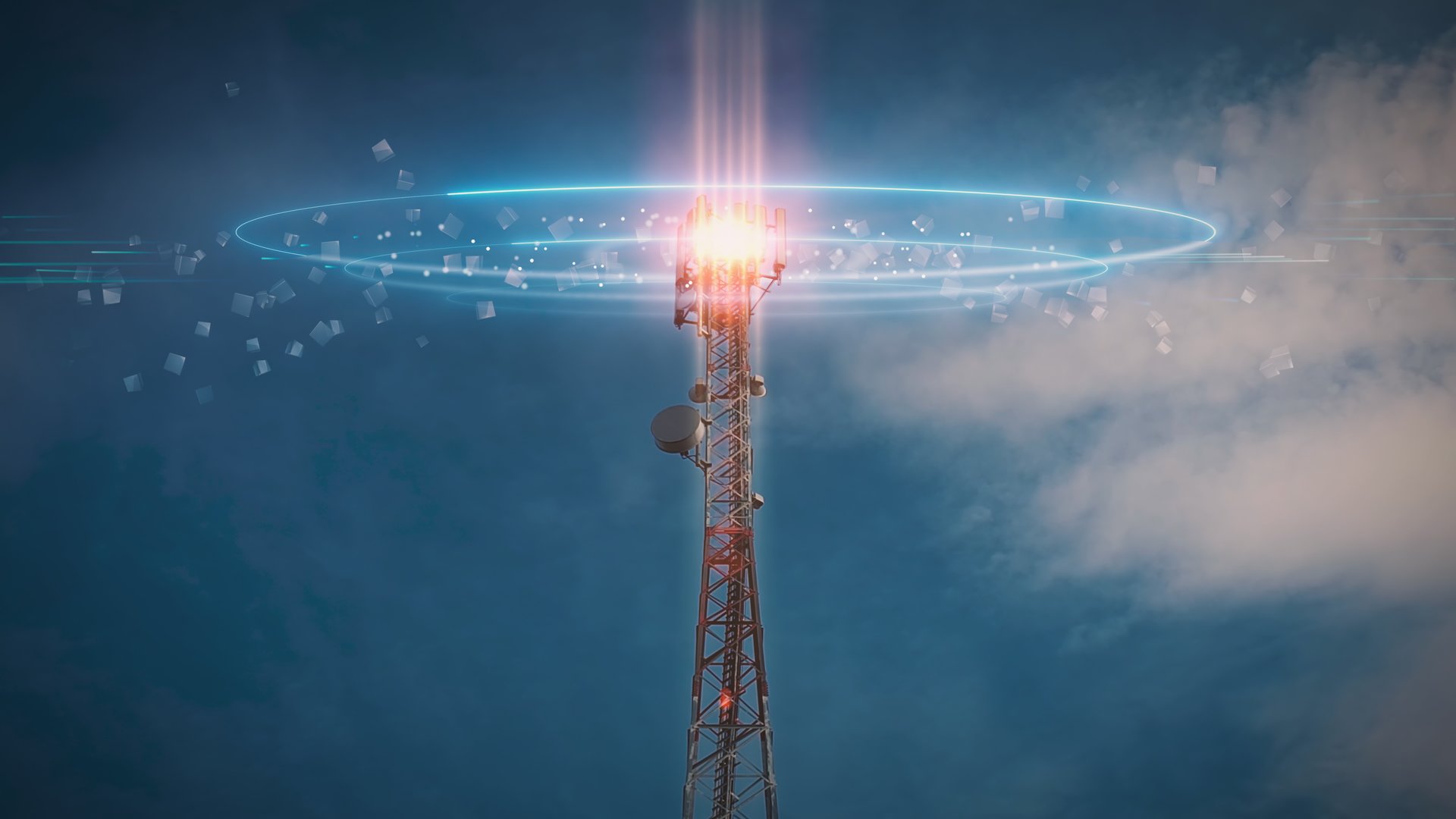 5G 4G Telecommunication tower. Telecom Antenna and Satellite Mobile Signals and Radio Waves Animation concept
