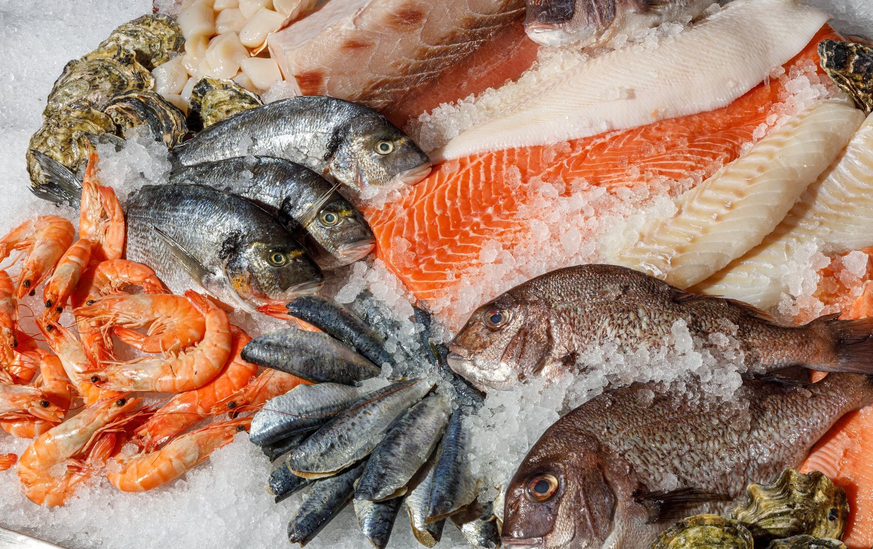 A colorful assortment of fresh seafood on ice, featuring shrimp, various fish, and multiple crustaceans