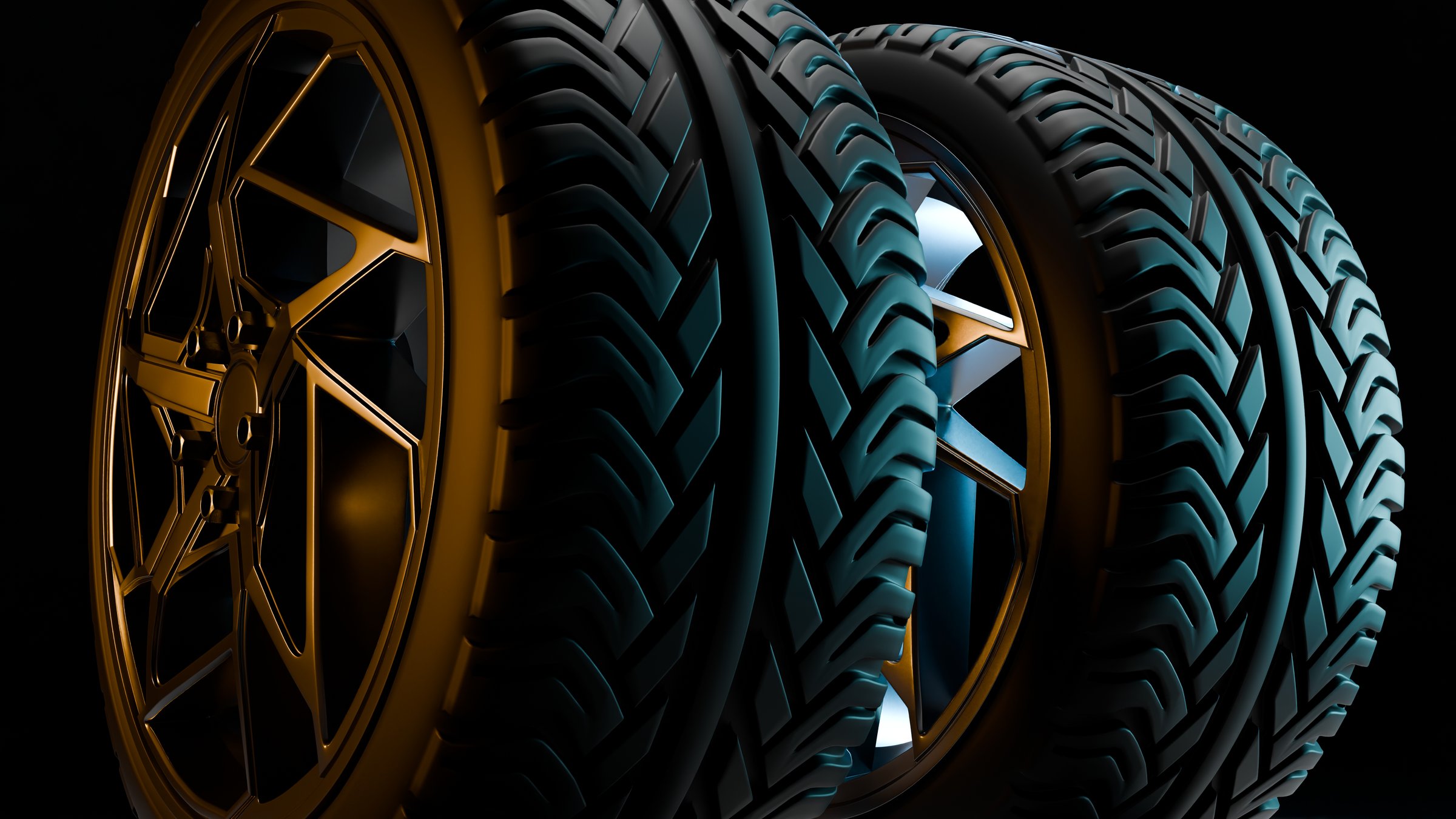 3D rendering of three car wheels with alloy rims standing side by side in a dark studio. The glossy metallic surfaces and detailed tread are highlighted by blue and golden reflections.